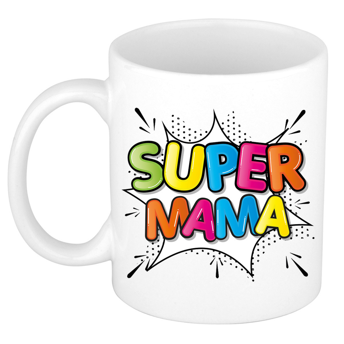 Cadeau koffie/thee mok voor mama - wit - super mama - keramiek - 300 ml - Moederdag -