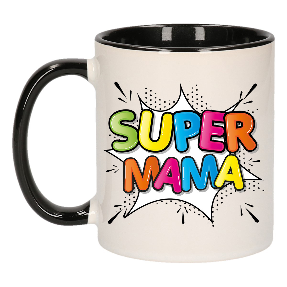 Cadeau koffie/thee mok voor mama - zwart - super mama - keramiek - 300 ml - Moederdag -