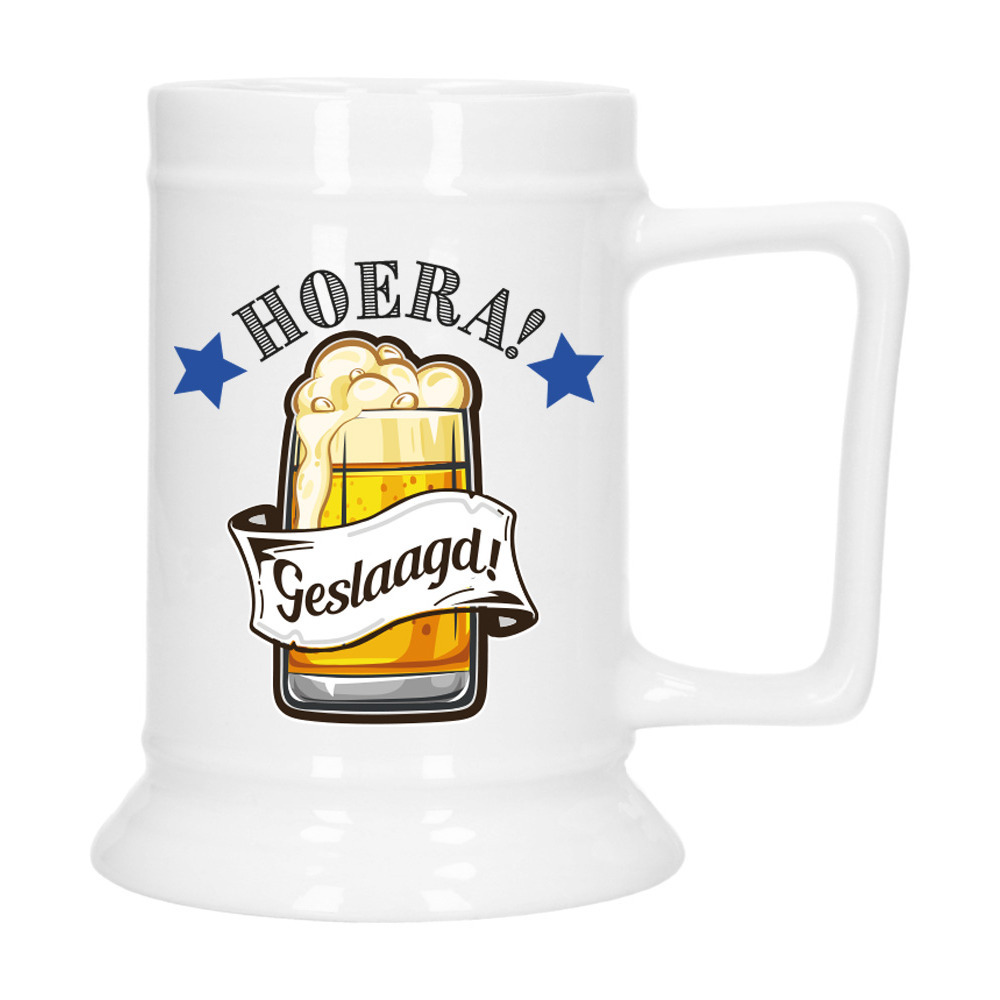 Geslaagd Cadeau Bierpul - blauw - hoera! geslaagd! - keramiek - 530 ml -