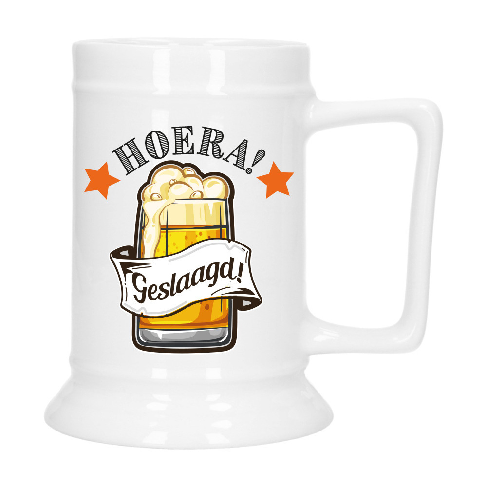 Geslaagd Cadeau Bierpul - oranje - hoera! geslaagd! - keramiek - 530 ml -