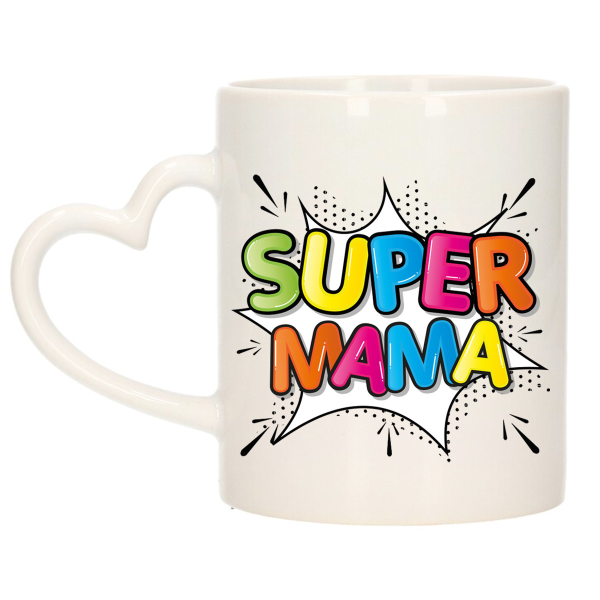 Cadeau koffie/thee mok voor mama - wit - super mama - hartjes oor - 300 ml - Moederdag -