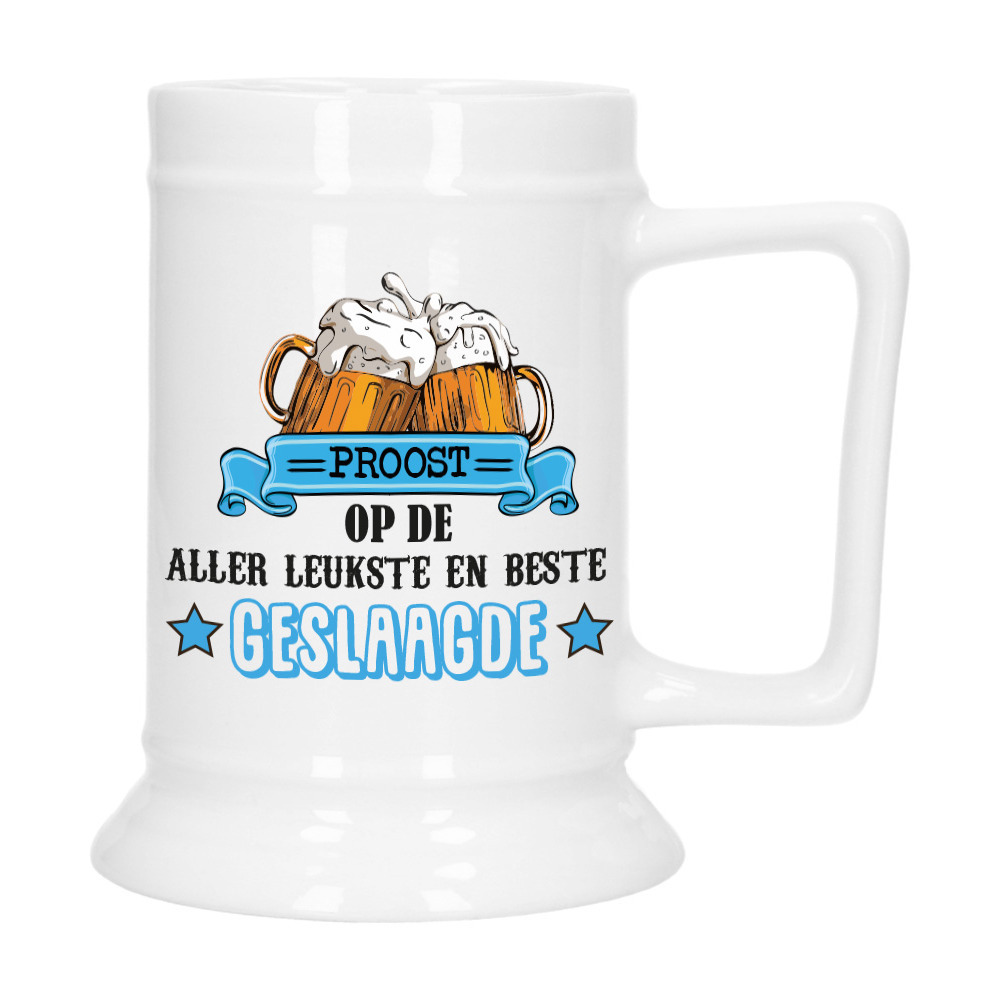 Geslaagd Cadeau Bierpul - blauw - proost beste geslaagde - keramiek - 530 ml -
