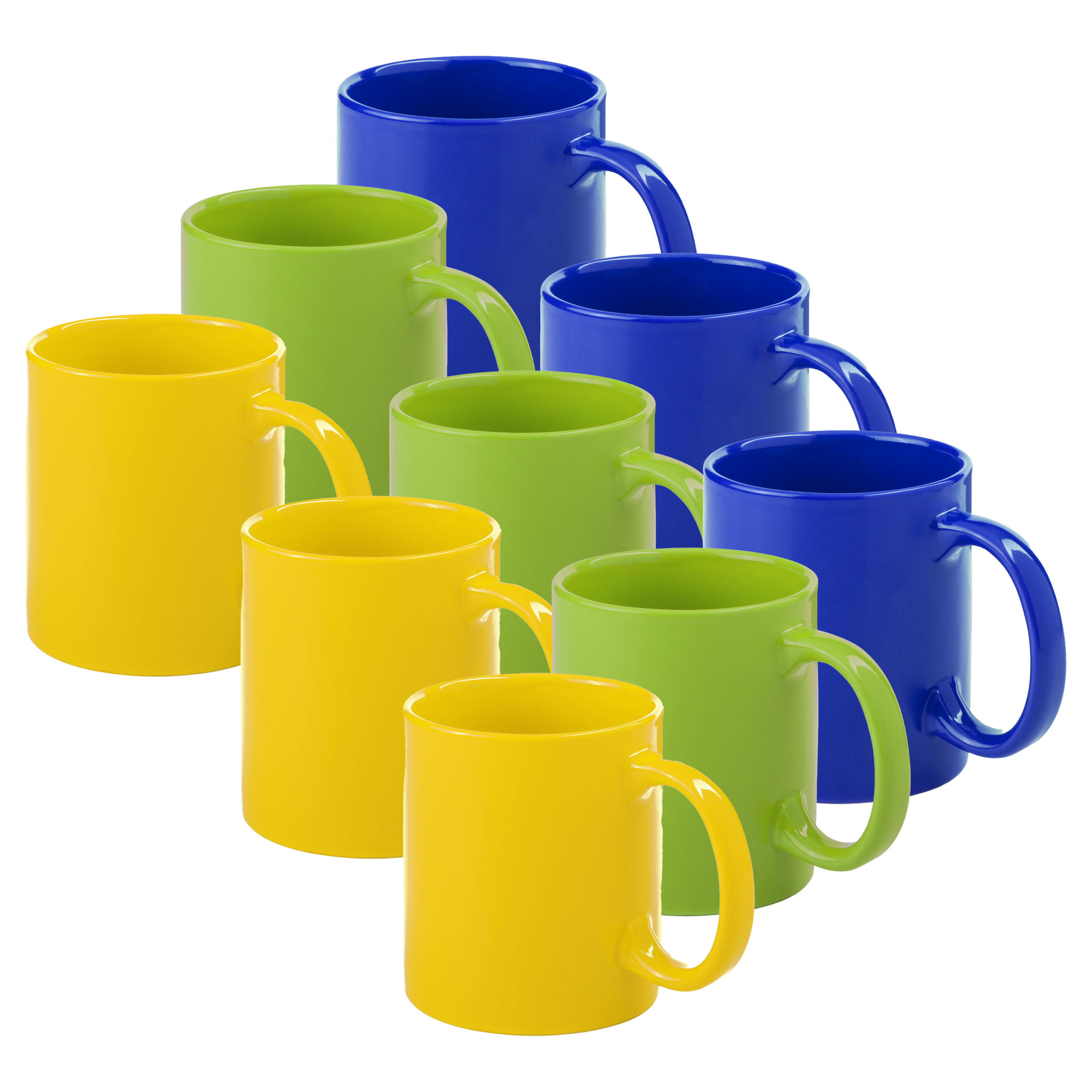 Koffie mokken/drinkbekers Auxerre - 9x - keramiek - geel/groen/blauw - 370 ml -