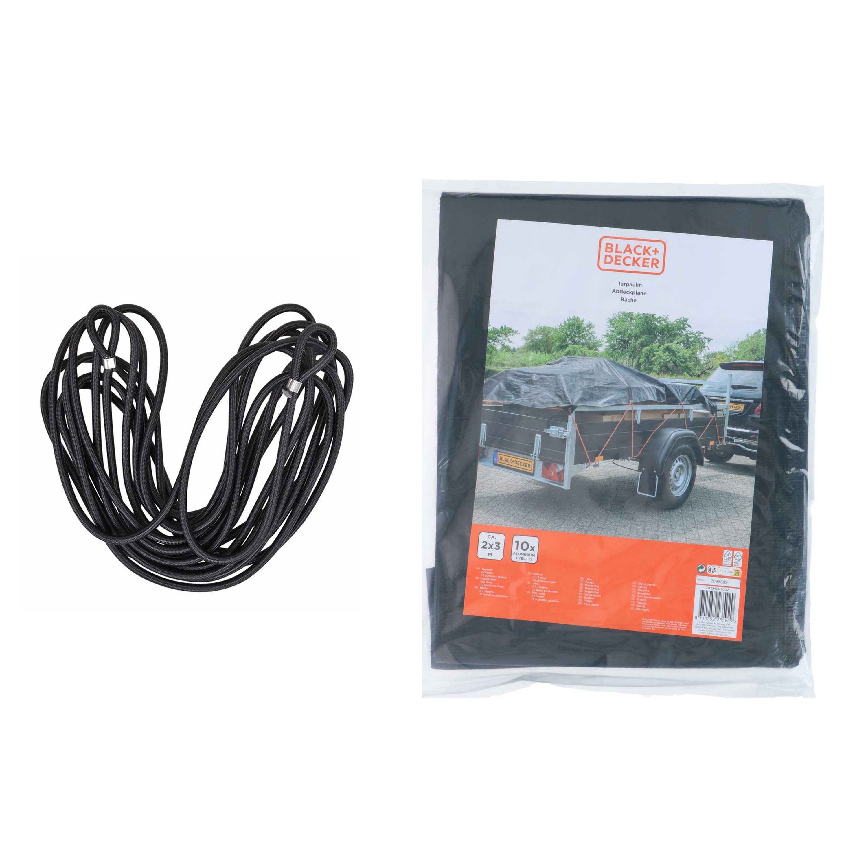 Afdekzeil/dekzeil voor aanhangers- incl. 7 meter elastiektouw - zwart - waterdicht - 200 x 300 cm -