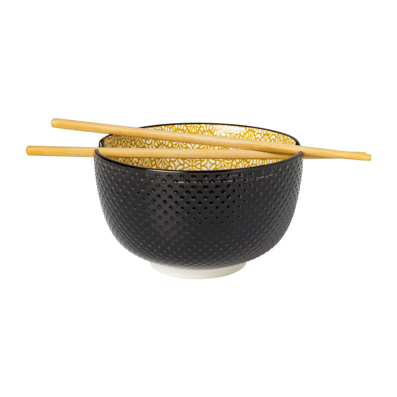 Schaaltje met eetstokjes - geel/zwart - ø14.7x9 cm