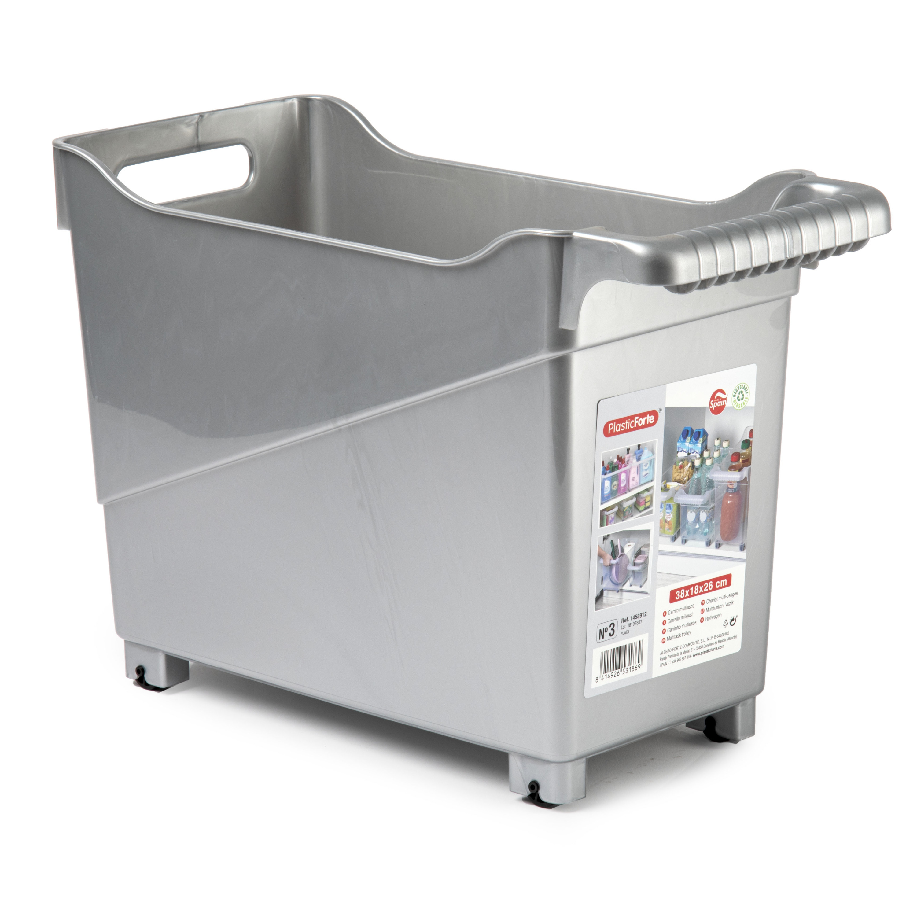 Opslag/opberg trolley container - zilver - op wieltjes - L38 x B18 x H26 cm - kunststof -