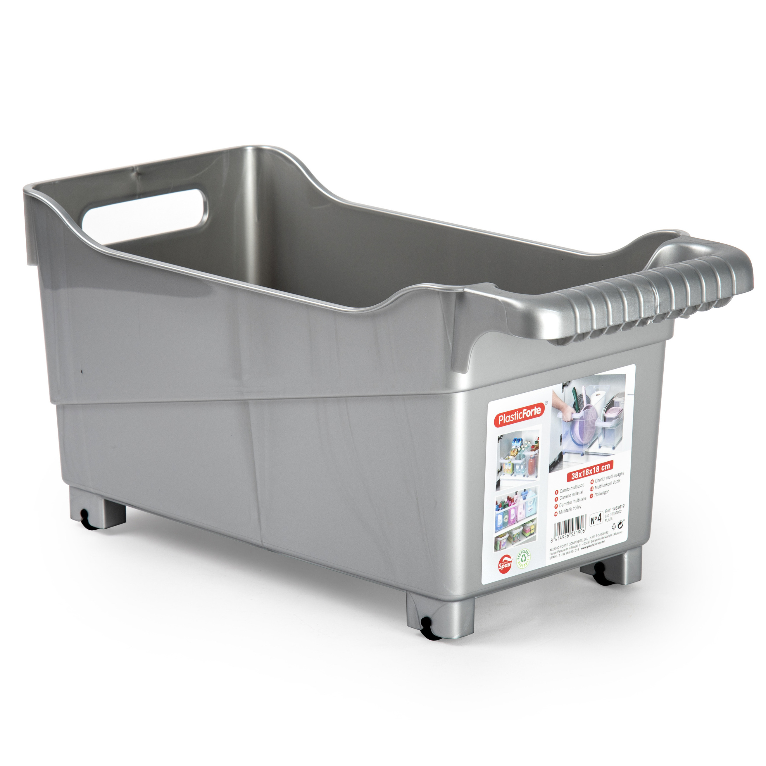 Opslag/opberg trolley container - zilver - op wieltjes - L38 x B18 x H18 cm - kunststof -