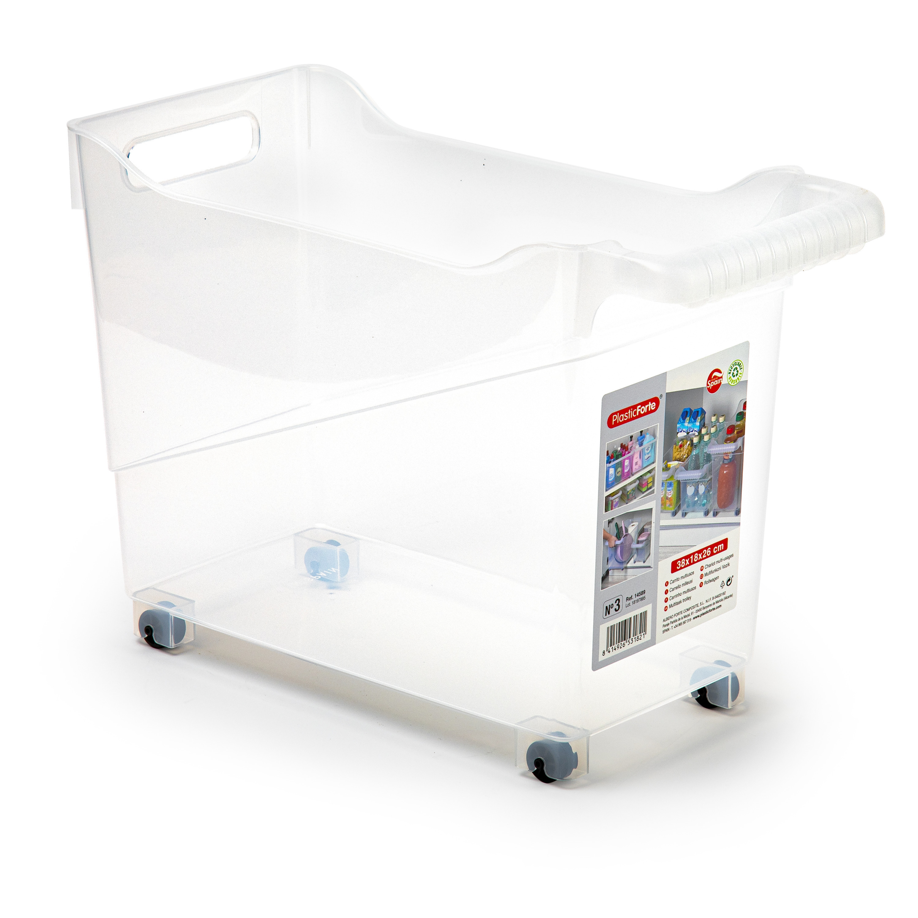 Opslag/opberg trolley container - transparant - op wieltjes - L38 x B18 x H26 cm - kunststof -