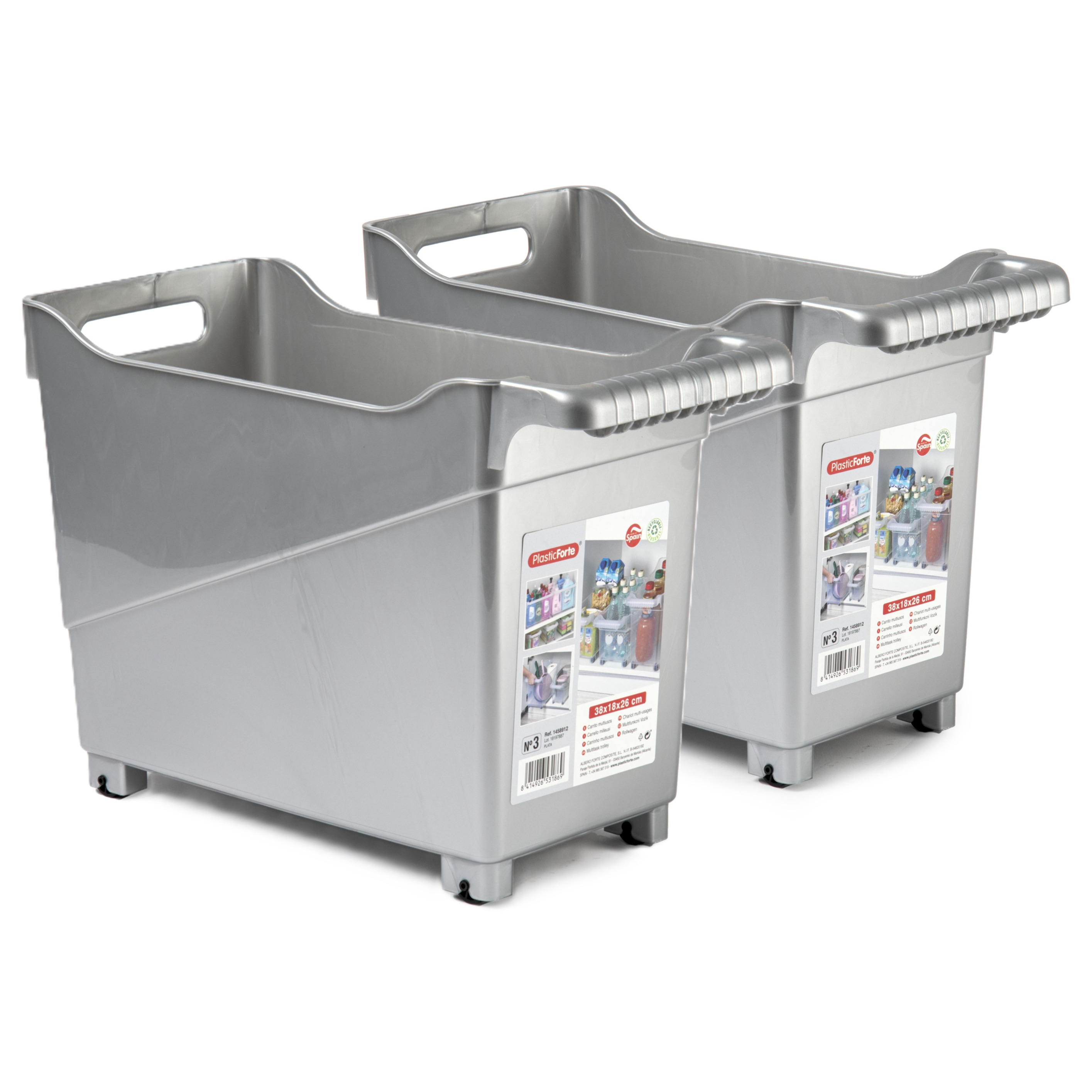 Opslag/opberg trolley container - 2x - zilver - op wieltjes - L38 x B18 x H26 cm - kunststof -