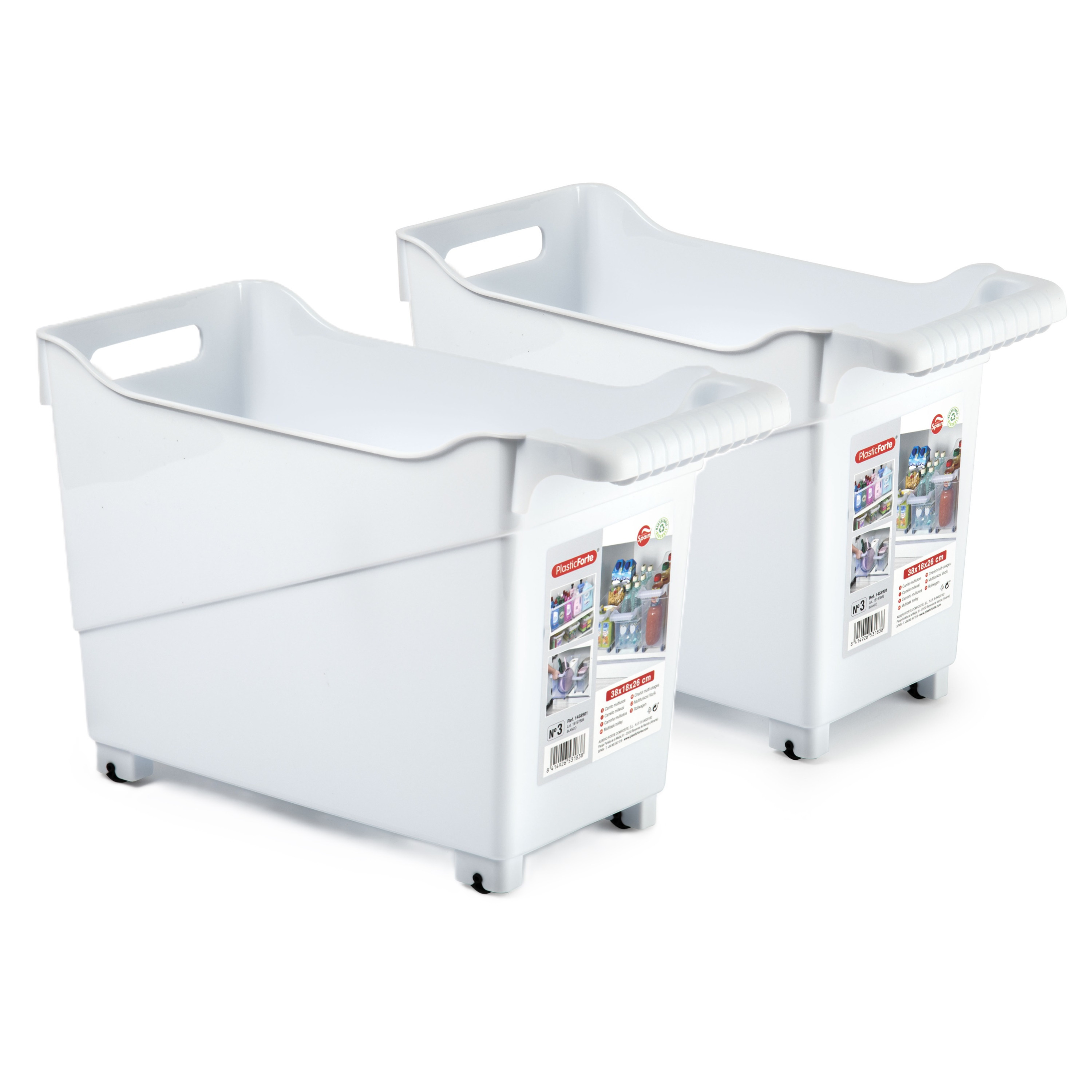 Opslag/opberg trolley container - 2x - wit - op wieltjes - L38 x B18 x H26 cm - kunststof -