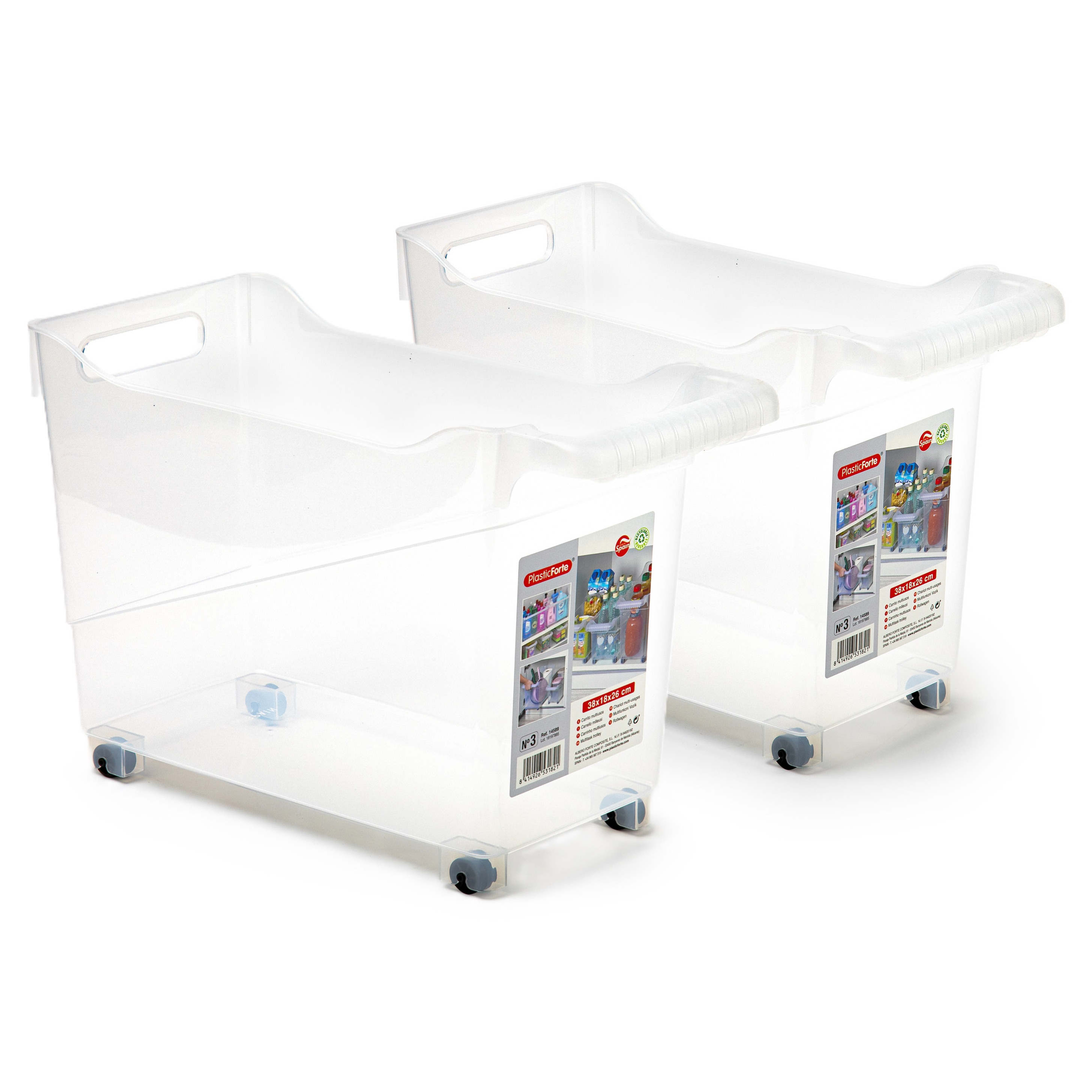 Opslag/opberg trolley container - 2x - transparant - op wieltjes - L38 x B18 x H26 cm - kunststof -