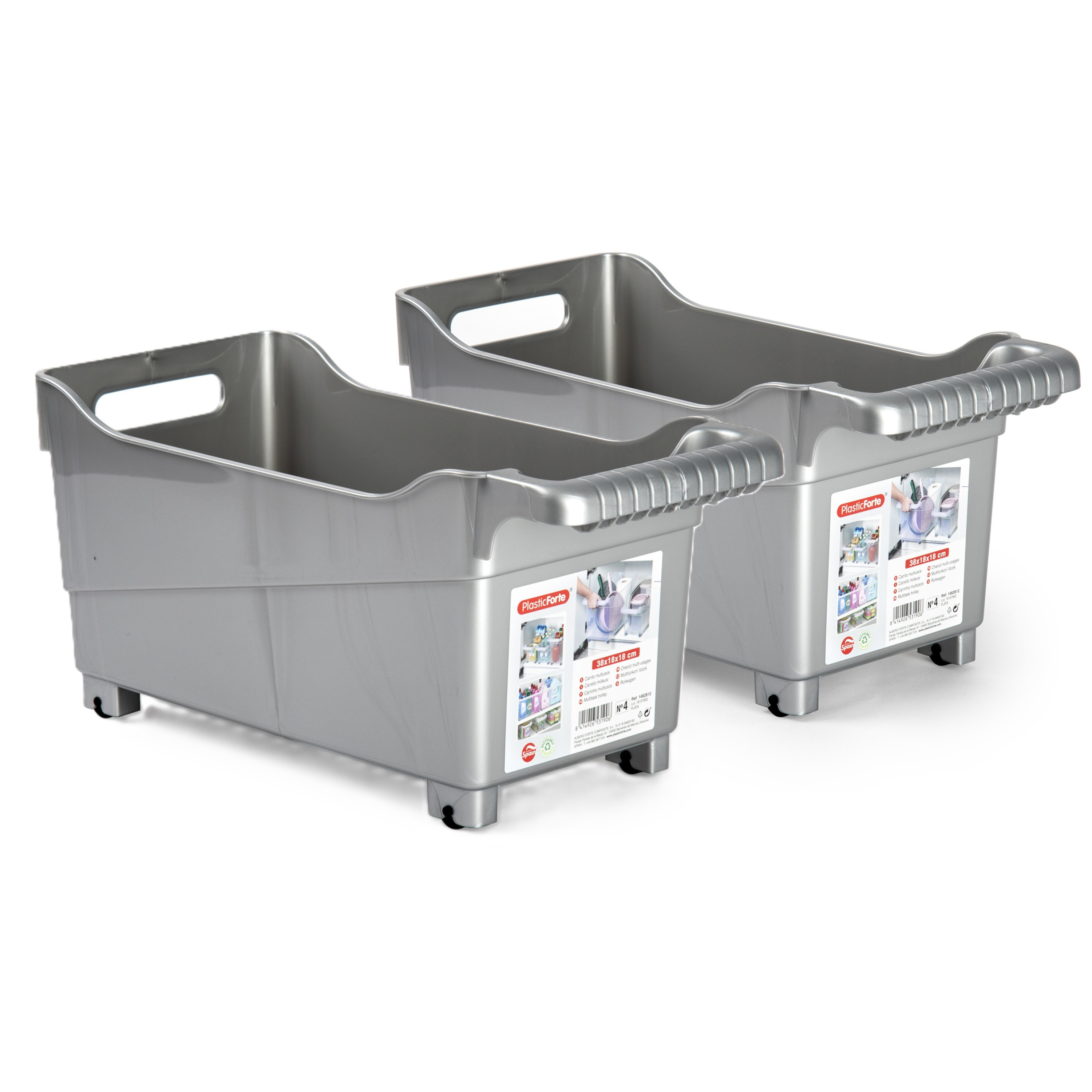 Opslag/opberg trolley container - 2x - zilver - op wieltjes - L38 x B18 x H18 cm - kunststof -
