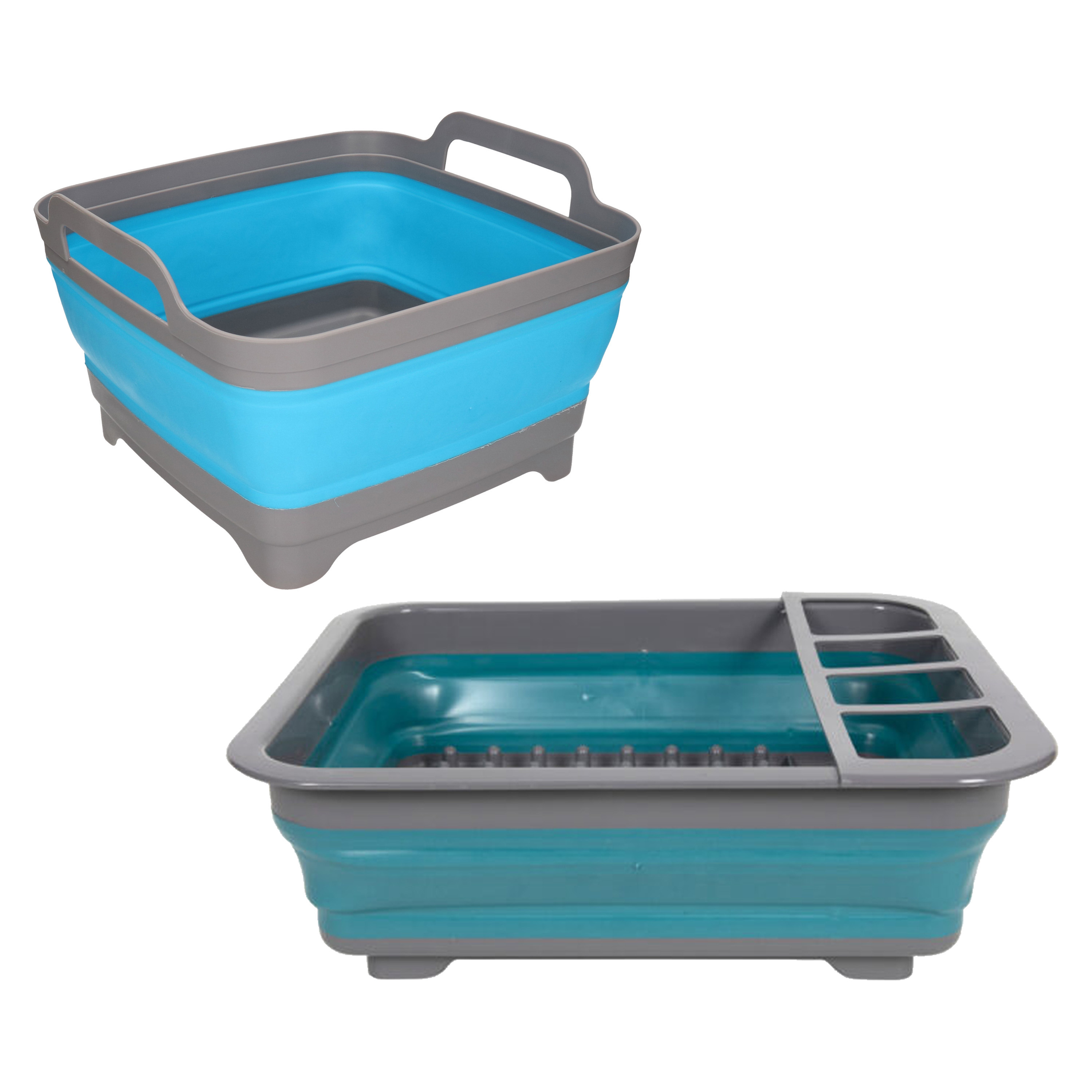 Opvouwbare afwasbak en afdruiprek - grijs/blauw - kunststof - keuken benodigdheden - reis accessoire -