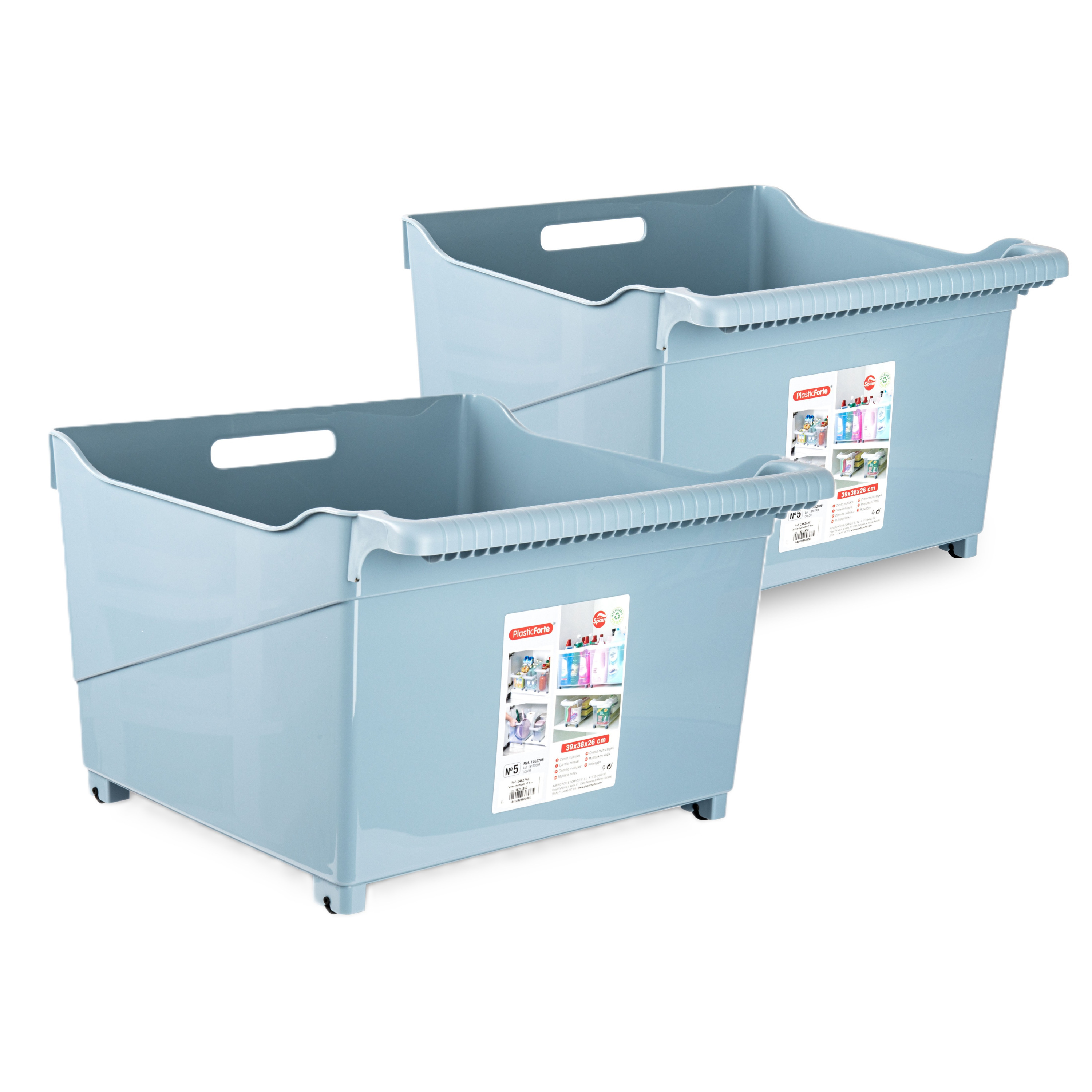 Opslag/opberg trolley container - 2x - ijsblauw - op wieltjes - L39 x B38 x H26 cm - kunststof -