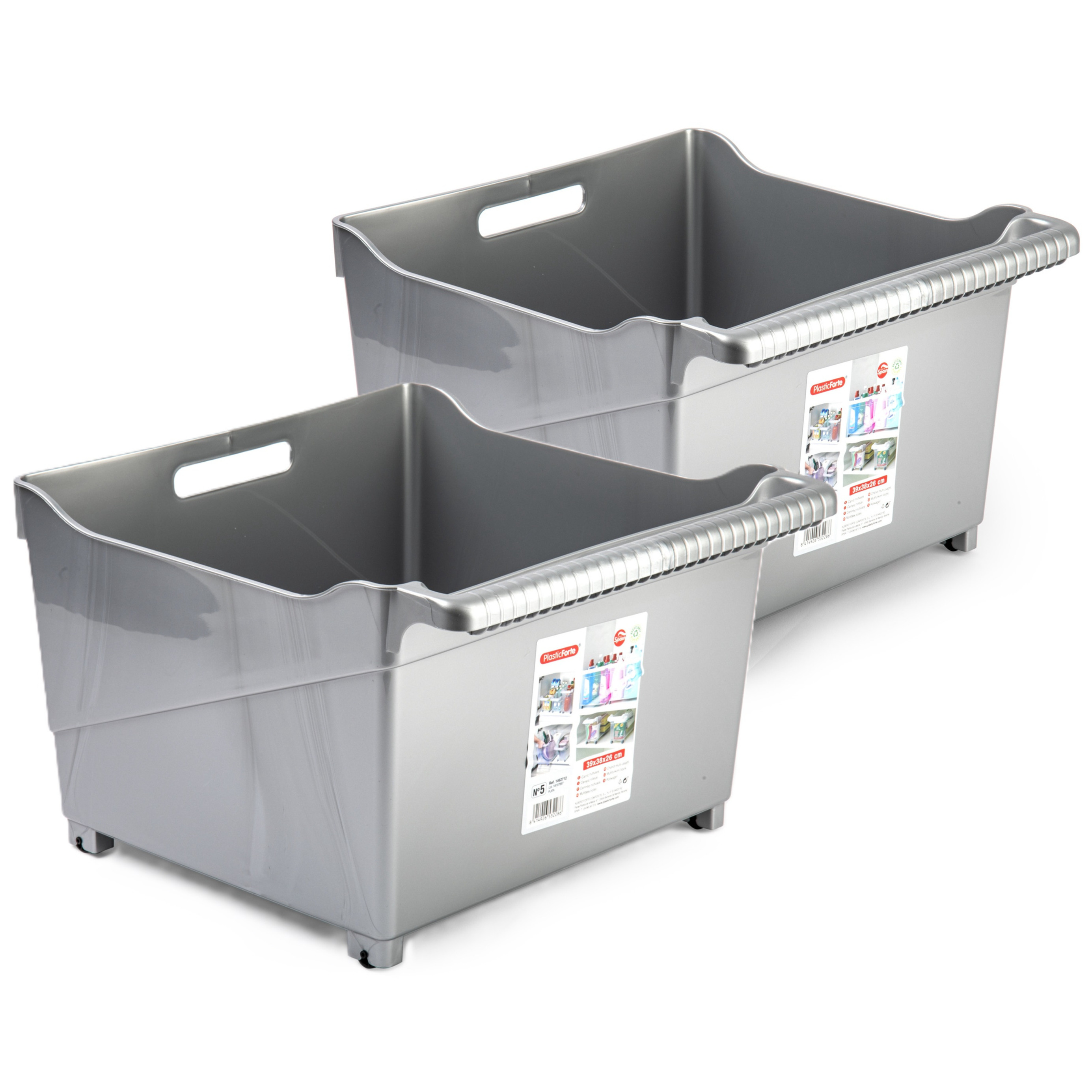 Opslag/opberg trolley container - 2x - zilver - op wieltjes - L39 x B38 x H26 cm - kunststof -