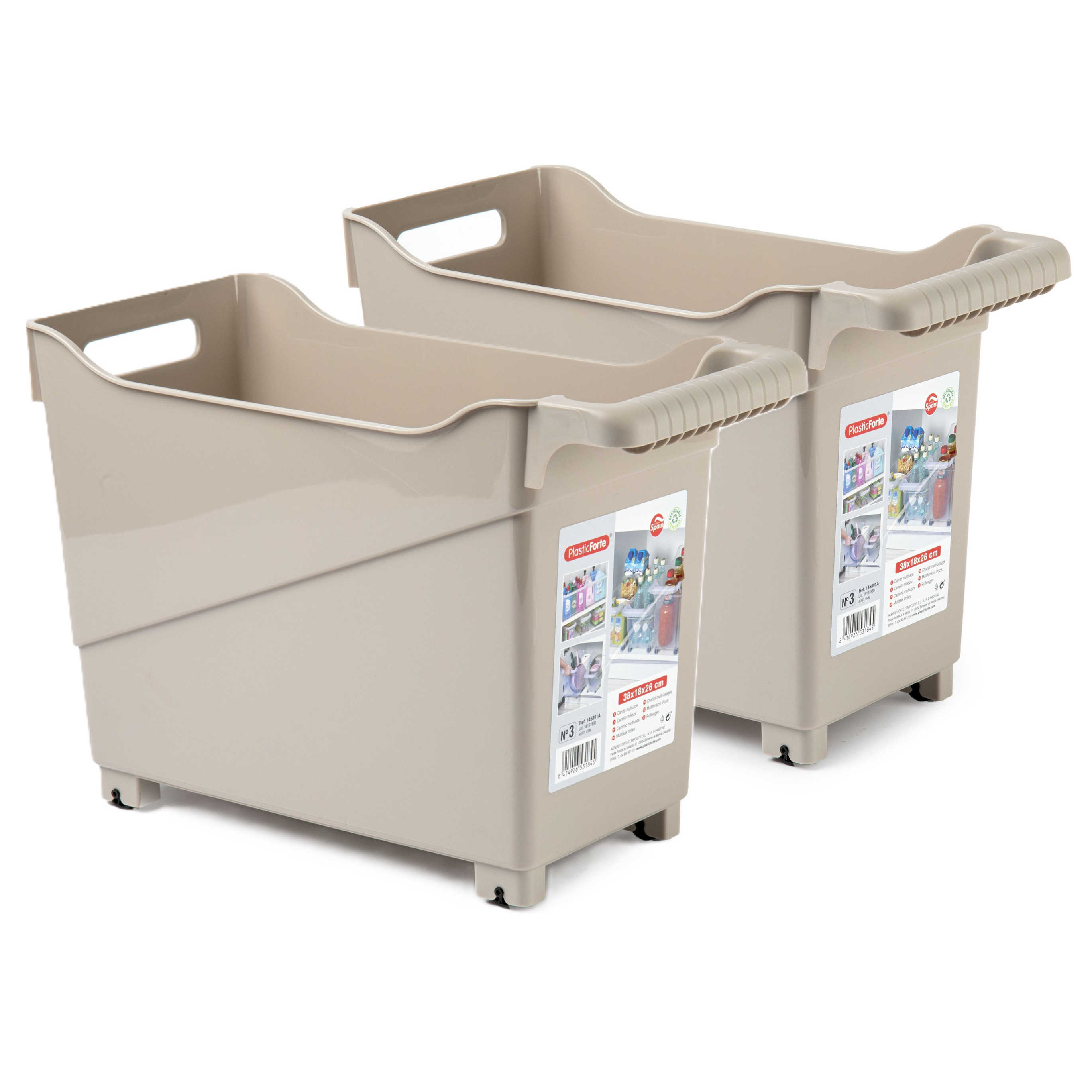 Opslag/opberg trolley container - 2x - beige - op wieltjes - L38 x B18 x H26 cm - kunststof -