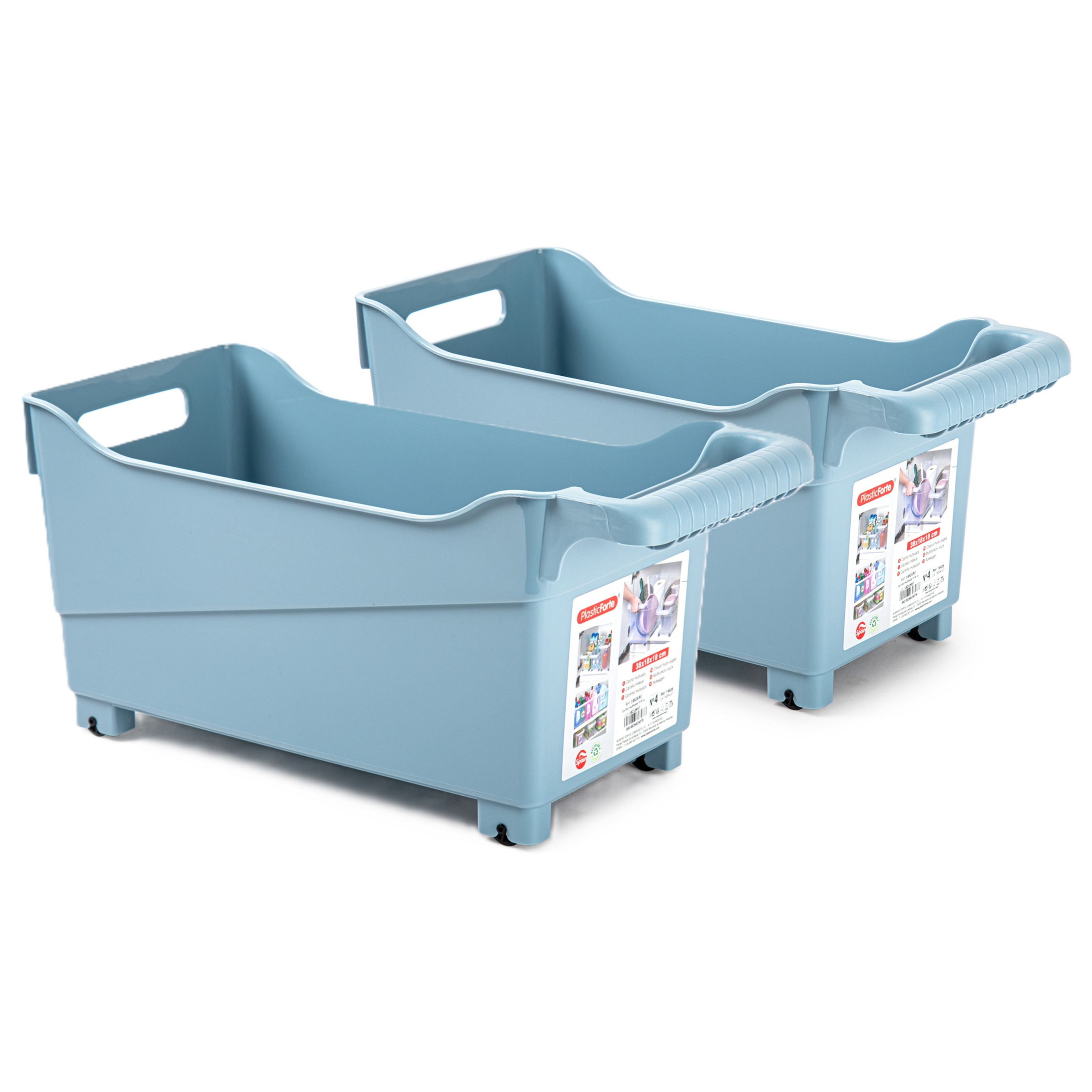 Opslag/opberg trolley container - 2x - ijsblauw - op wieltjes - L38 x B18 x H18 cm - kunststof -