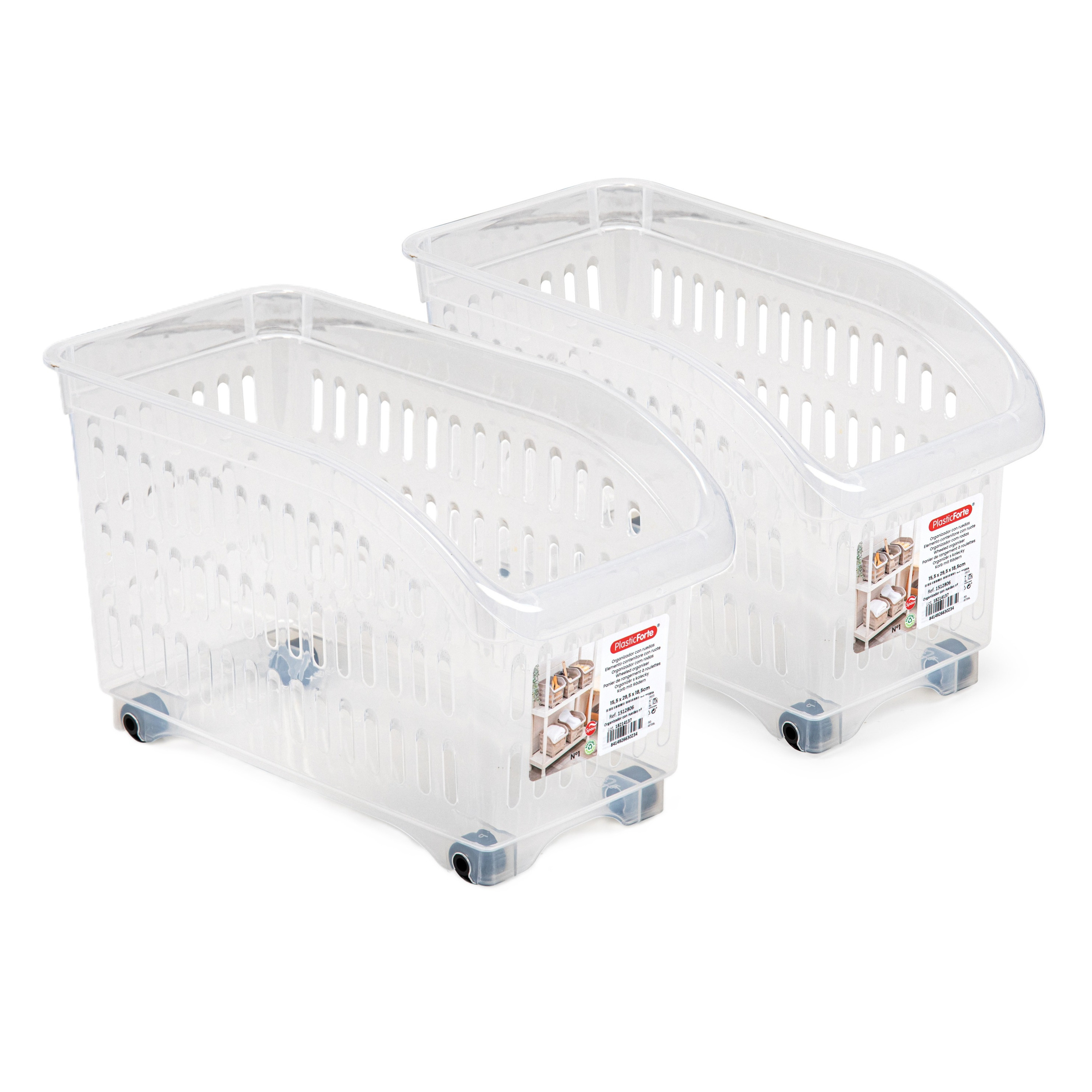 Opslag/opberg trolley container - 2x - transparant - op wieltjes - L30 x B15 x H18 cm - kunststof -