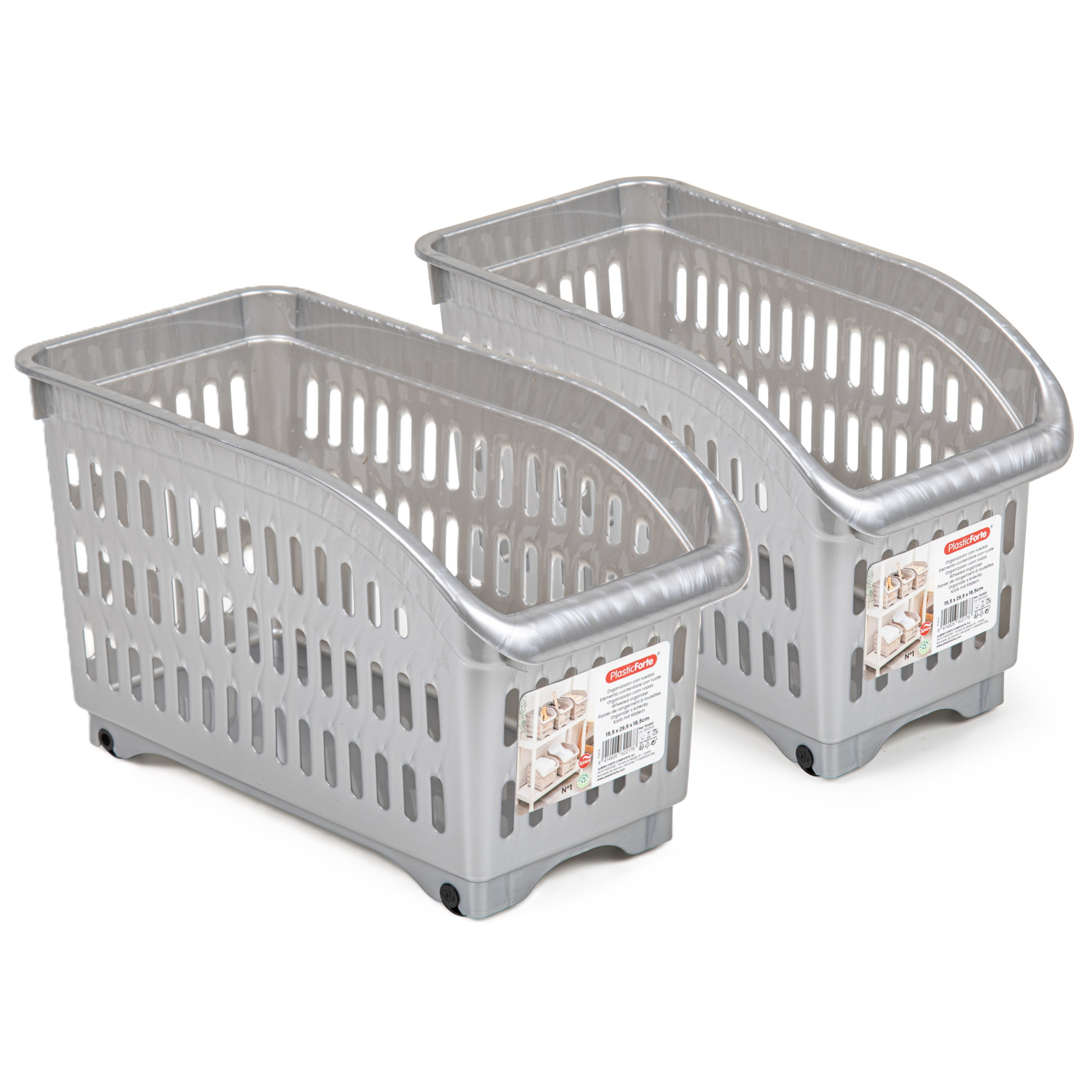 Opslag/opberg trolley container - 2x - zilver - op wieltjes - L30 x B15 x H18 cm - kunststof -