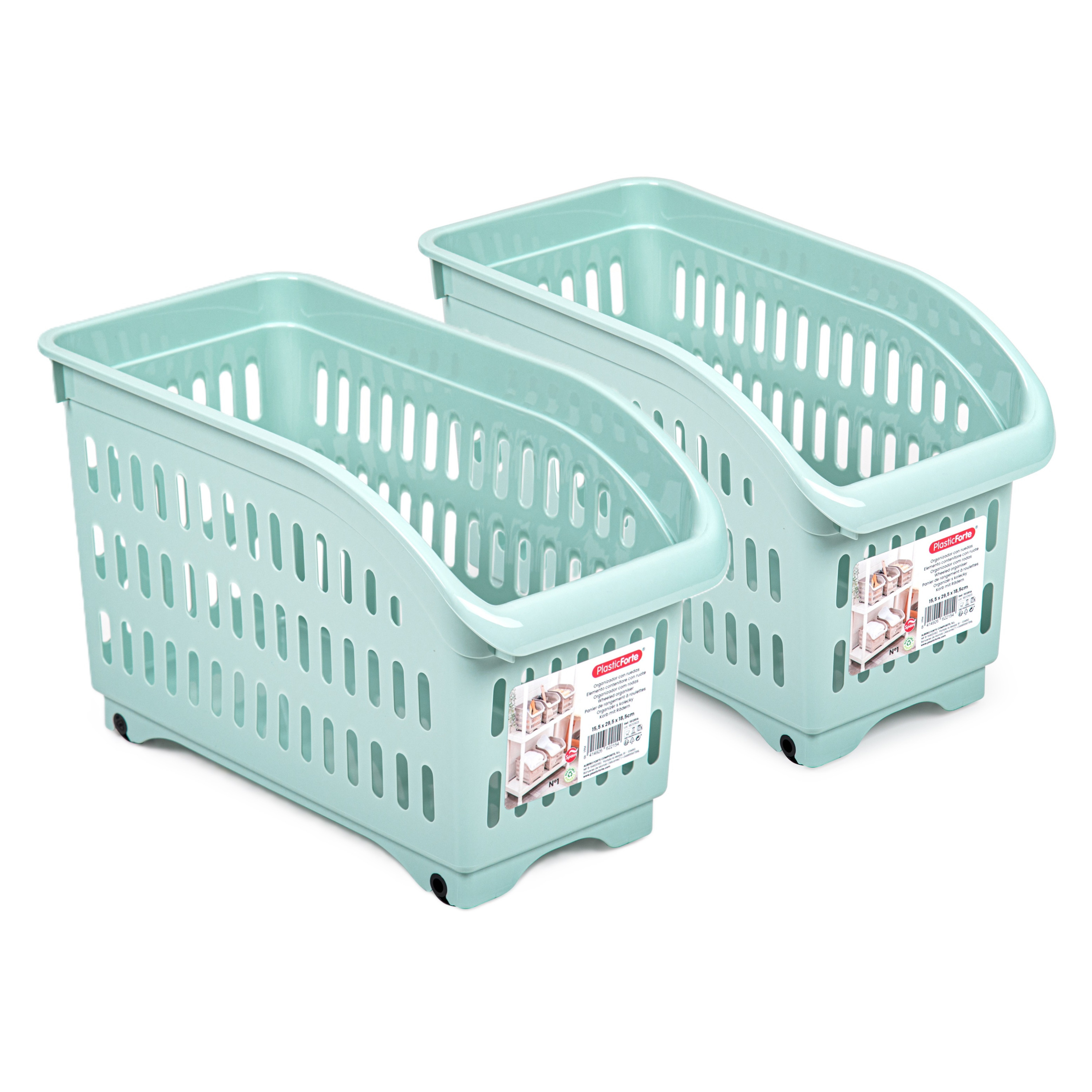 Opslag/opberg trolley container - 2x - mintgroen - op wieltjes - L30 x B15 x H18 cm - kunststof -