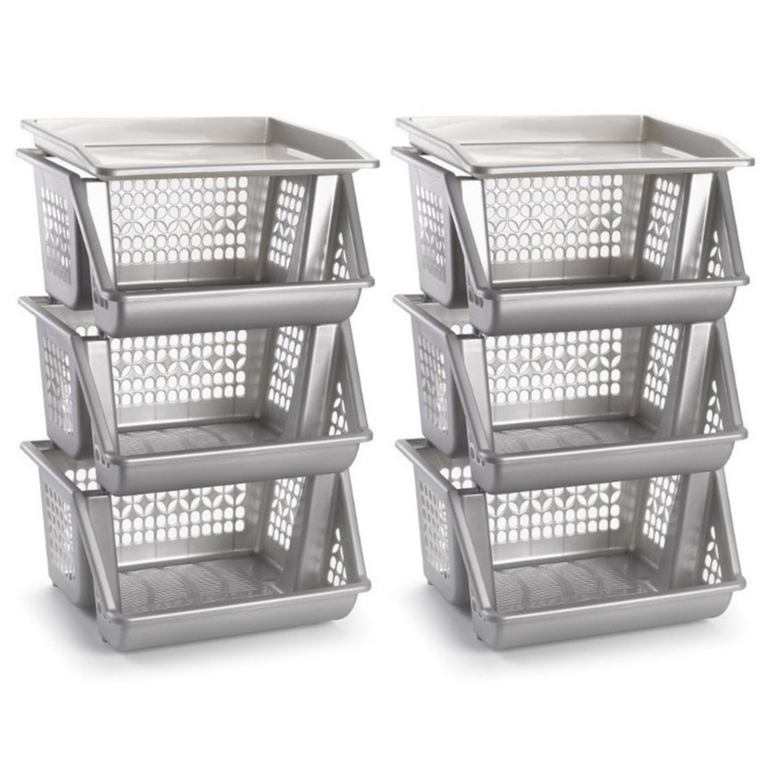 Opbergkrat - 2x - zilver - 3 vakken - 62 cm - Stapelkratten - Stapelbare manden -