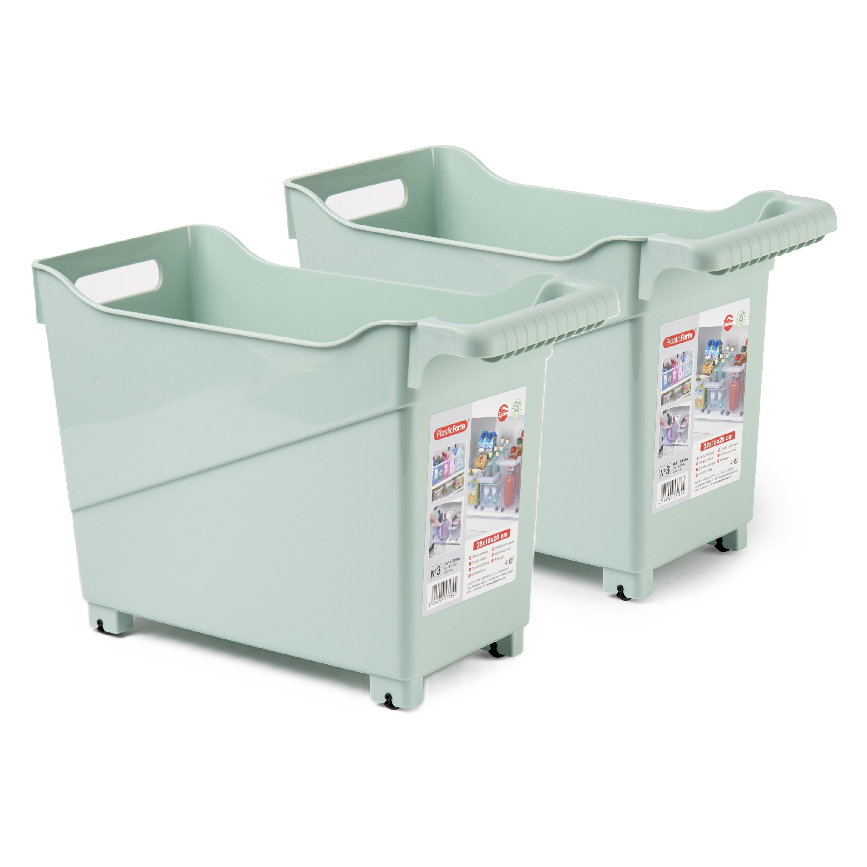 Opslag/opberg trolley container - 2x - mintgroen - op wieltjes - L38 x B18 x H26 cm - kunststof -