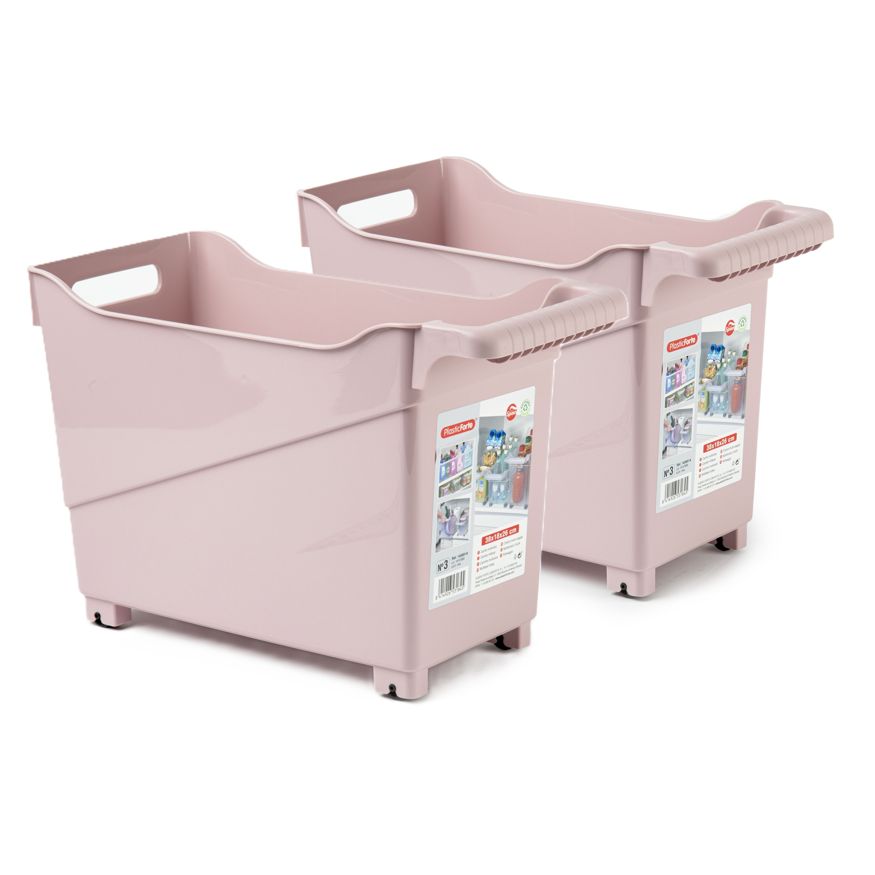 Opslag/opberg trolley container - 2x - roze - op wieltjes - L38 x B18 x H26 cm - kunststof -