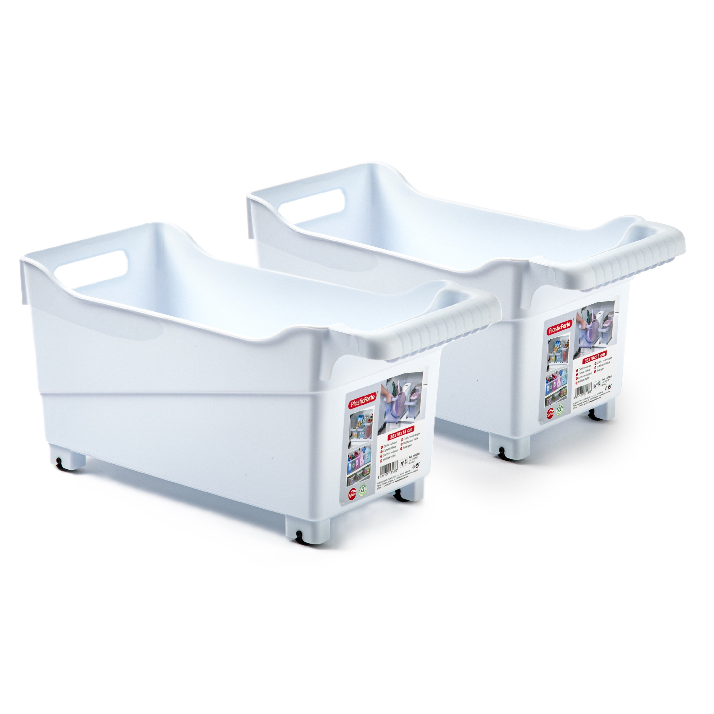 Opslag/opberg trolley container - 2x - wit - op wieltjes - L38 x B18 x H18 cm - kunststof -