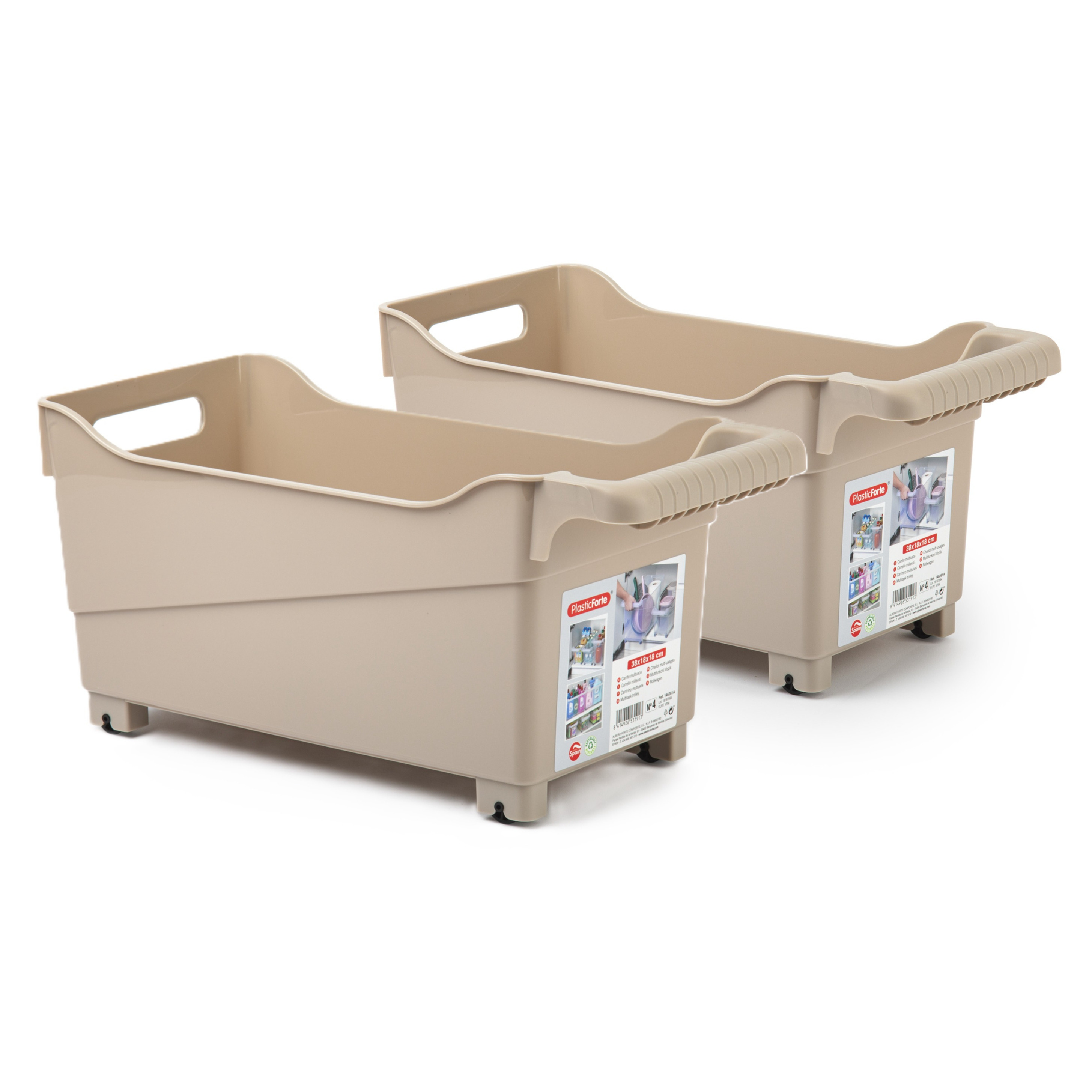 Opslag/opberg trolley container - 2x - beige - op wieltjes - L38 x B18 x H18 cm - kunststof -