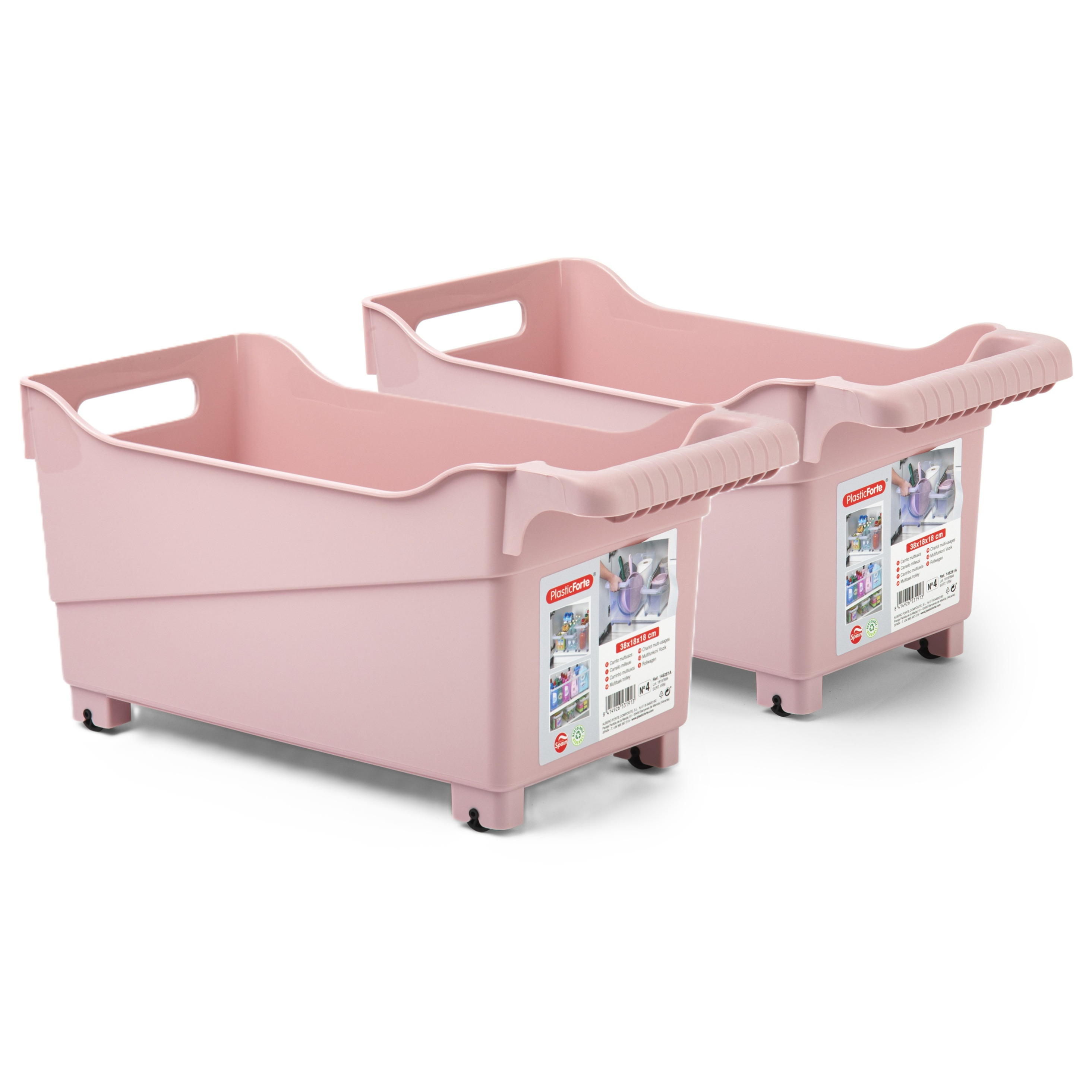 Opslag/opberg trolley container - 2x - roze - op wieltjes - L38 x B18 x H18 cm - kunststof -