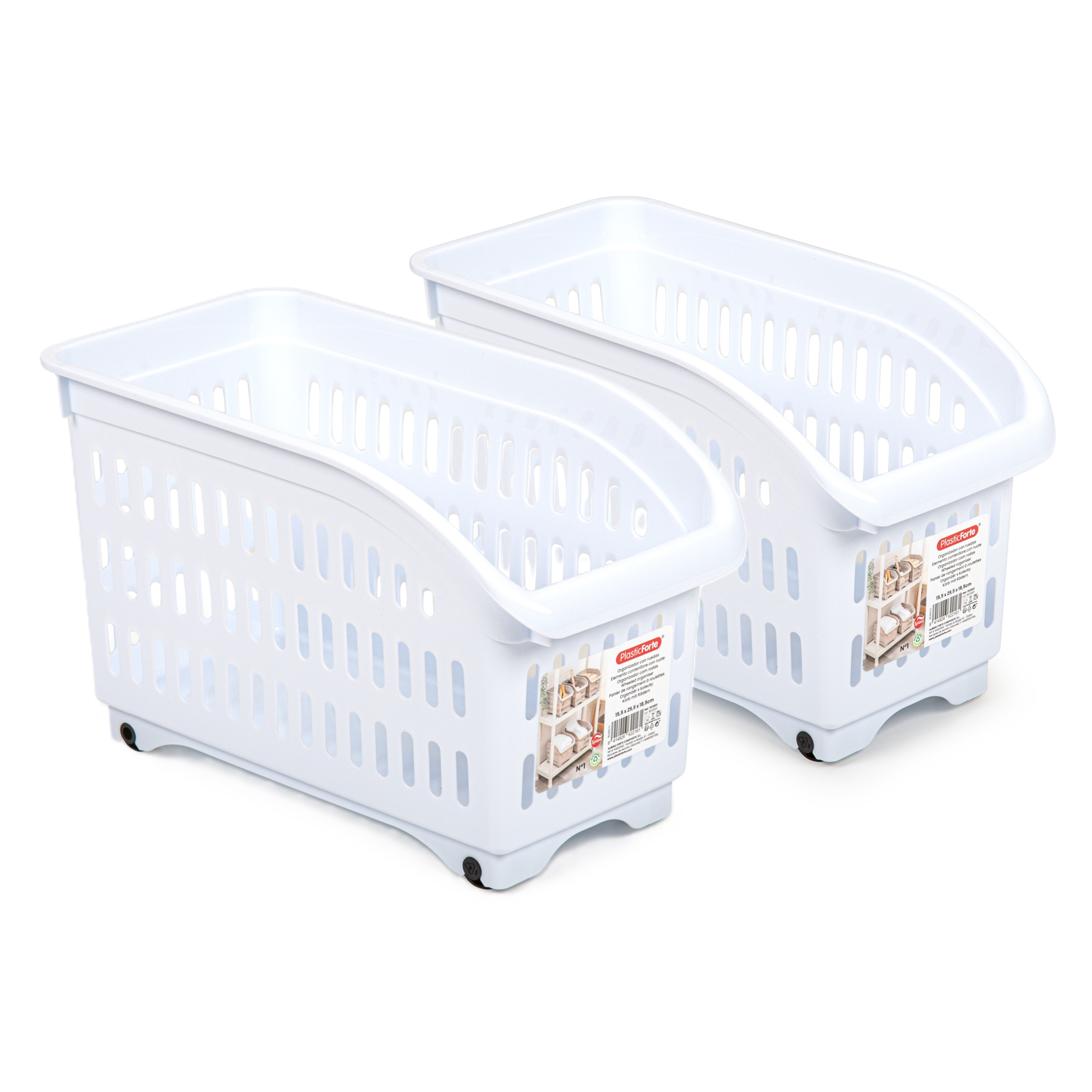 Opslag/opberg trolley container - 2x - wit - op wieltjes - L30 x B15 x H18 cm - kunststof -