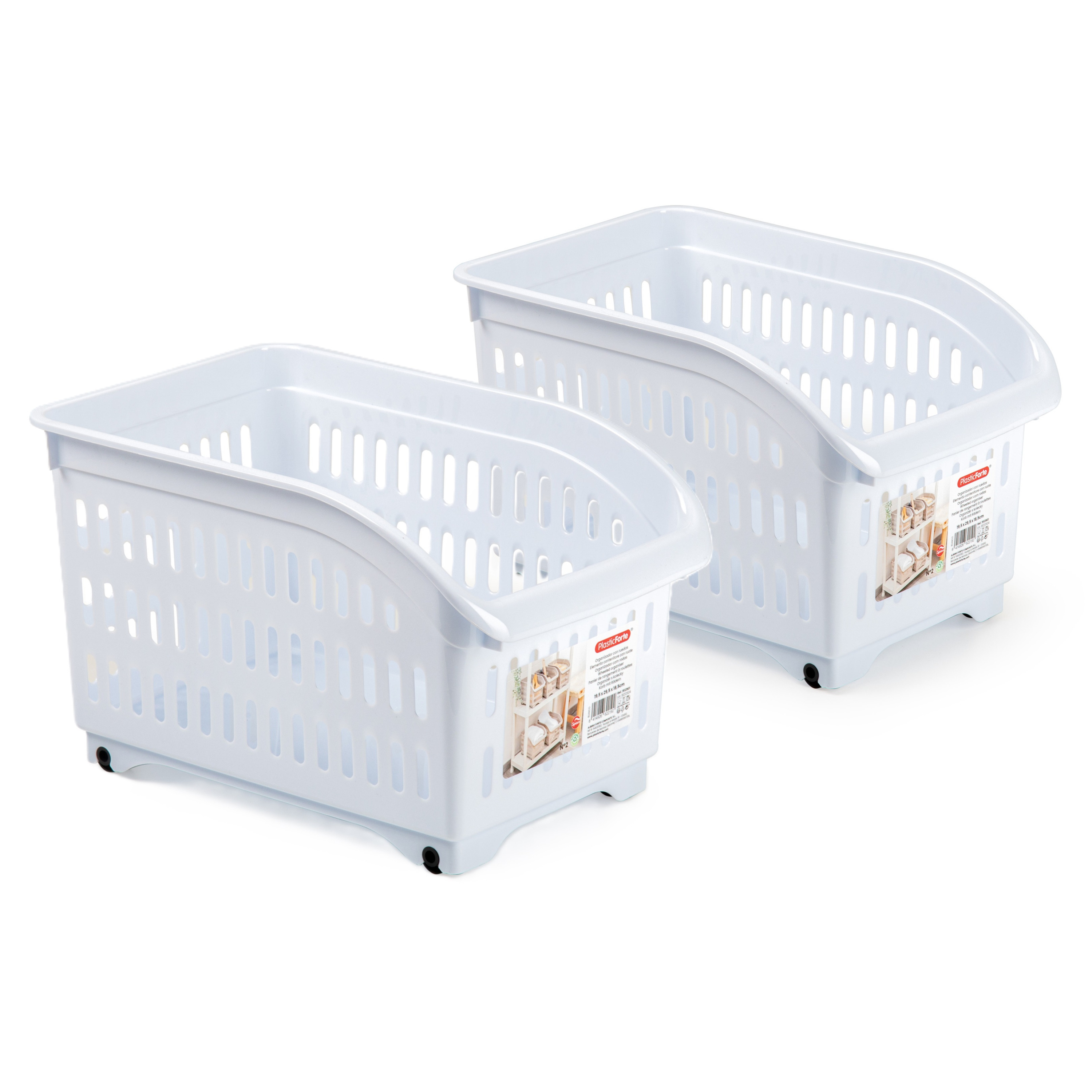 Opslag/opberg trolley container - 2x - wit - op wieltjes - L30 x B18 x H19 cm - kunststof -