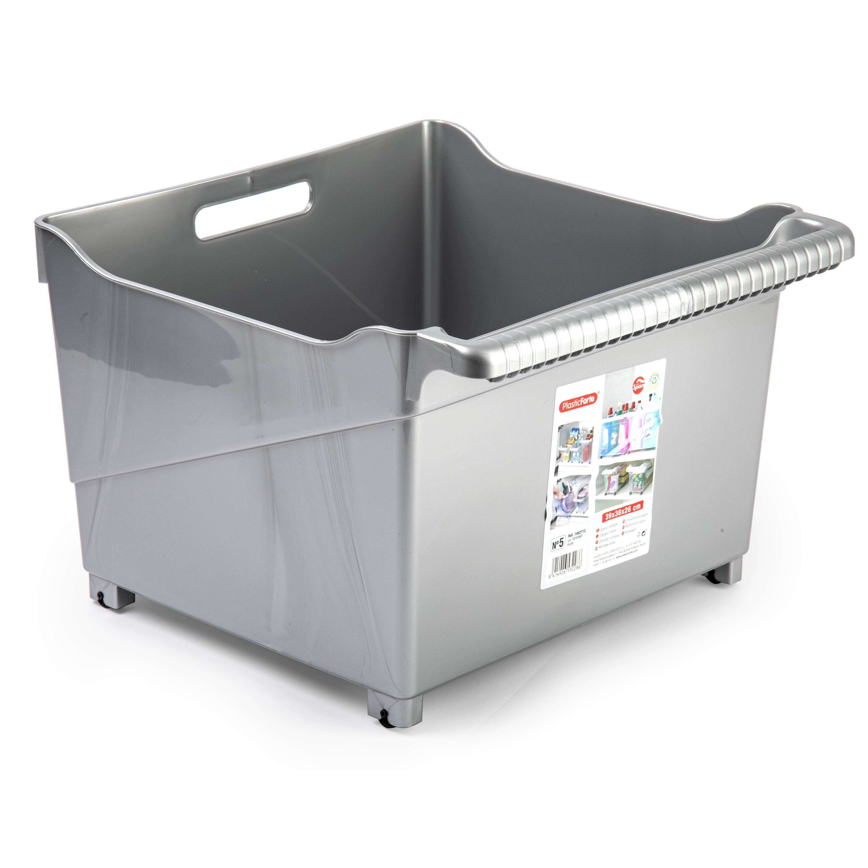 Opslag/opberg trolley container - zilver - op wieltjes - L39 x B38 x H26 cm - kunststof -