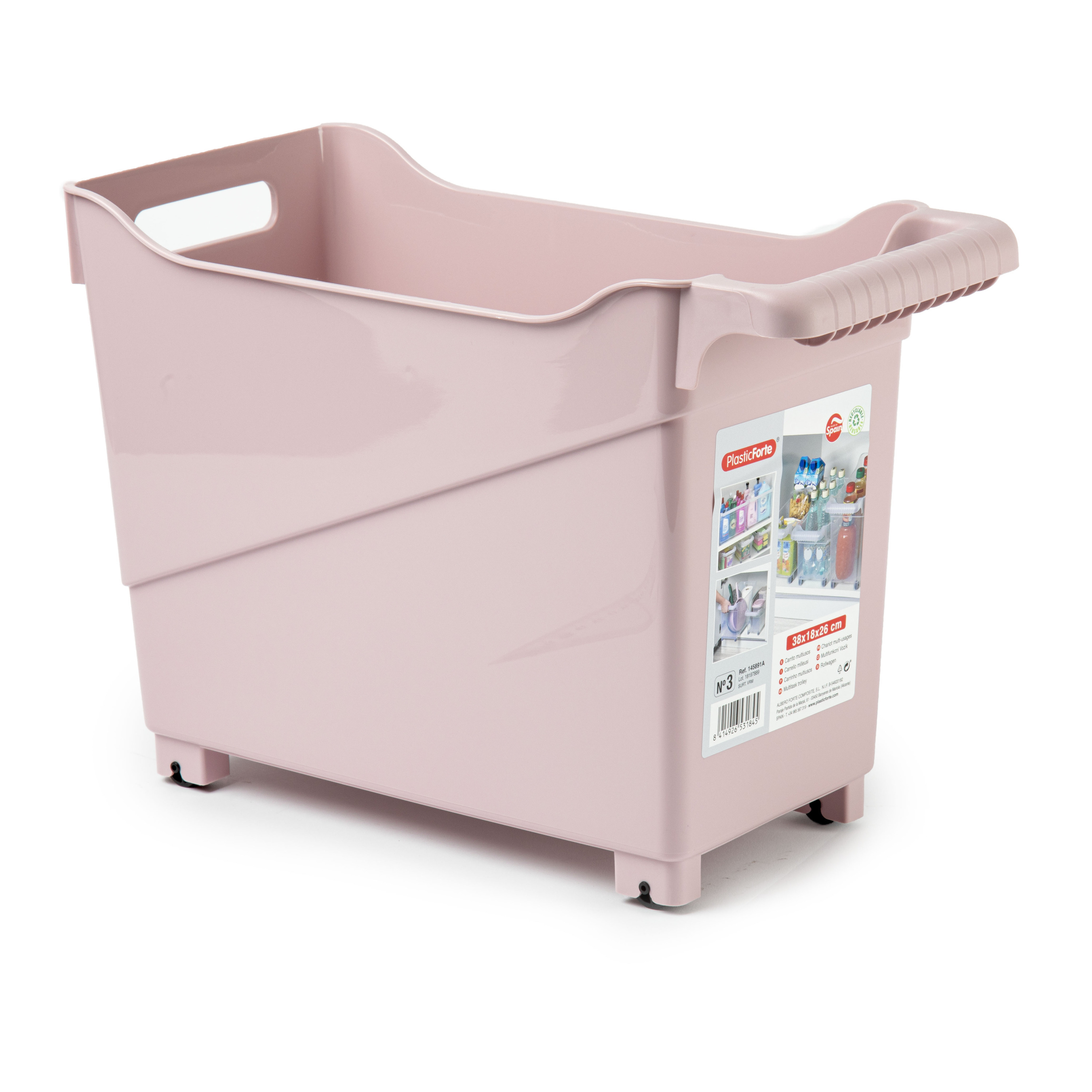 Opslag/opberg trolley container - roze - op wieltjes - L38 x B18 x H26 cm - kunststof -