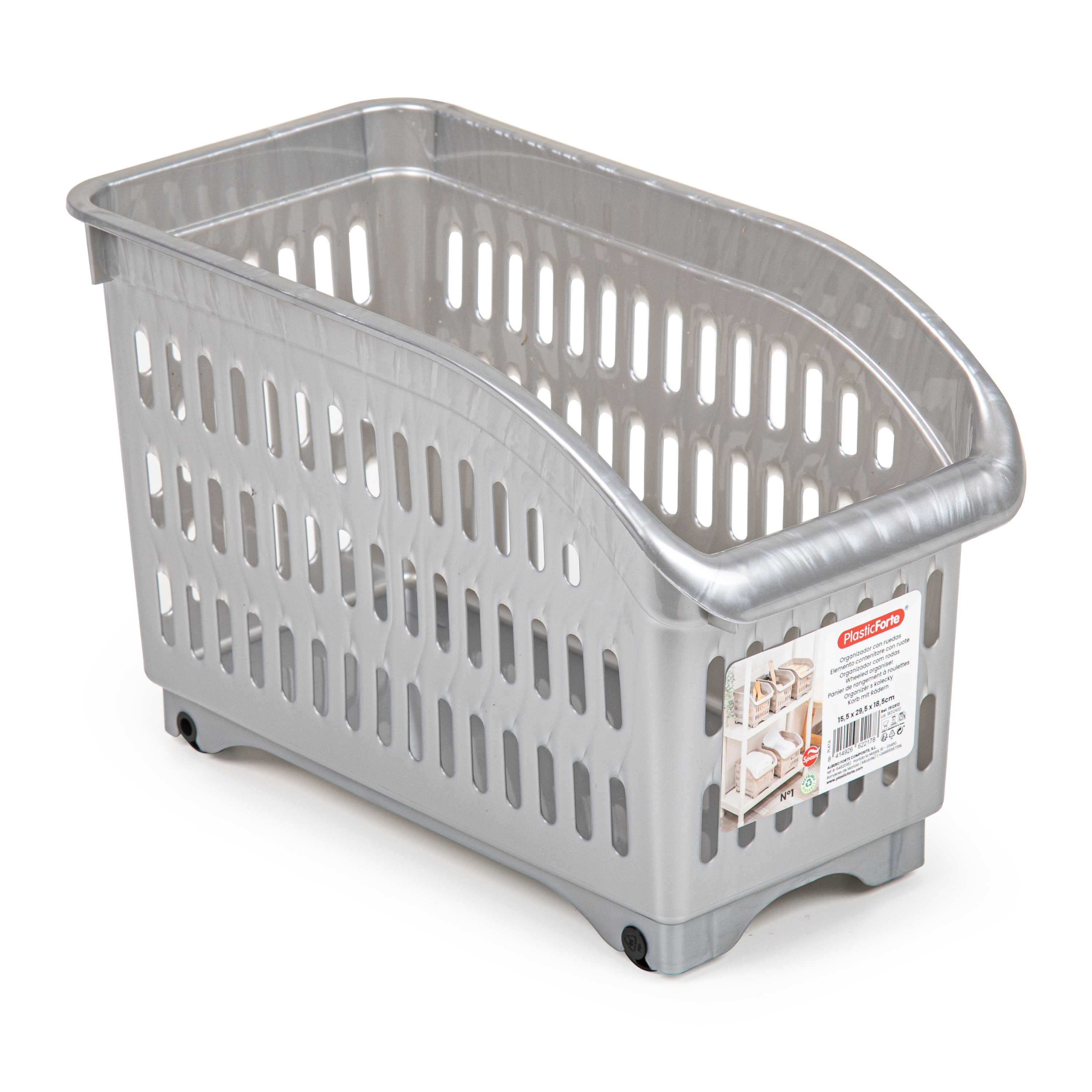Opslag/opberg trolley container - zilver - op wieltjes - L30 x B15 x H18 cm - kunststof -