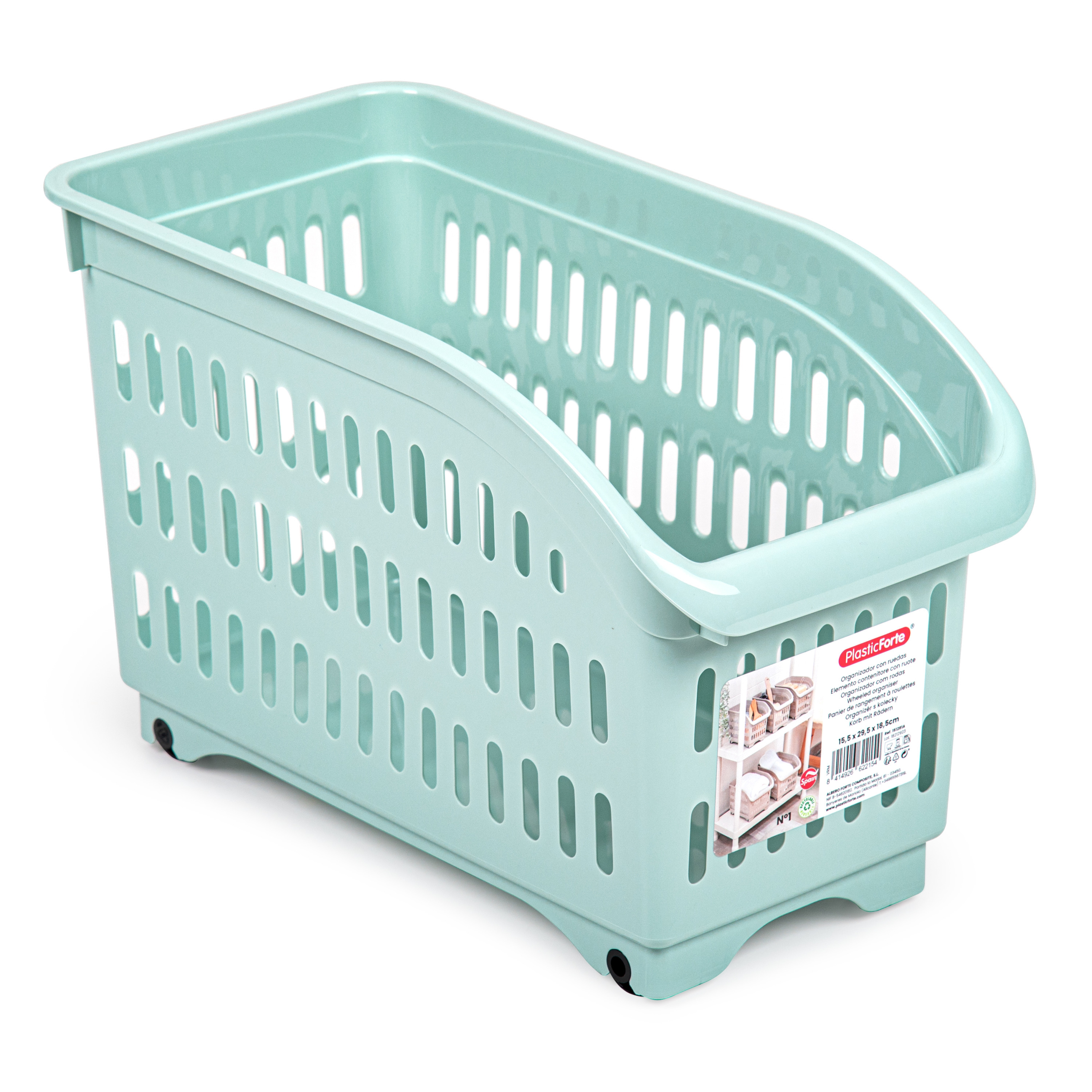 Opslag/opberg trolley container - mintgroen - op wieltjes - L30 x B15 x H18 cm - kunststof -