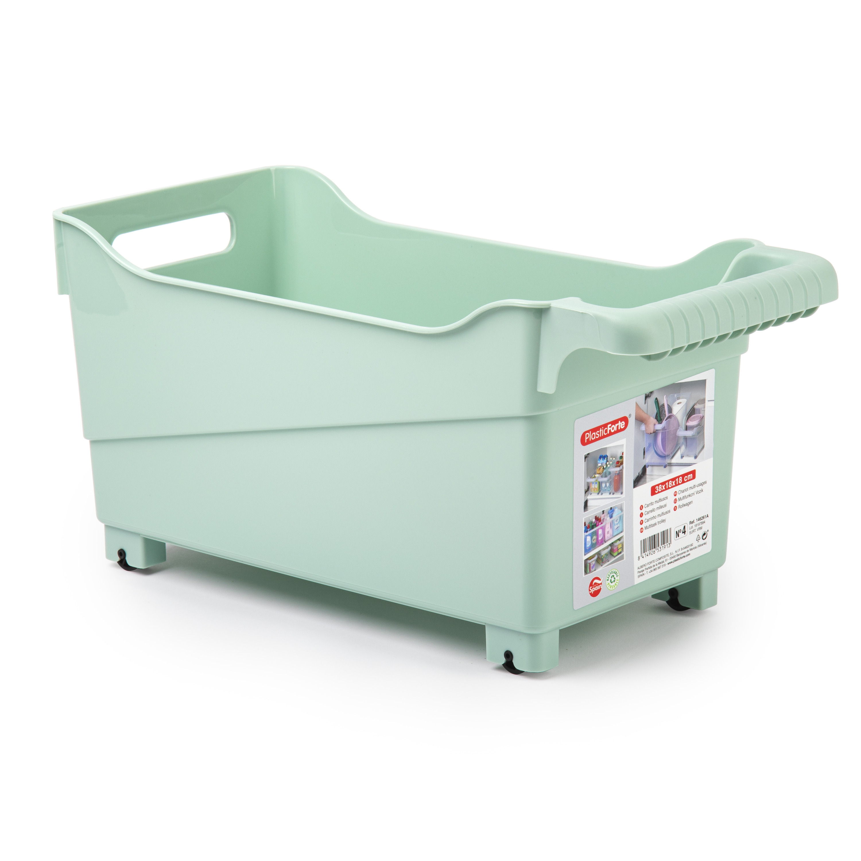 Opslag/opberg trolley container - mintgroen - op wieltjes - L38 x B18 x H18 cm - kunststof -