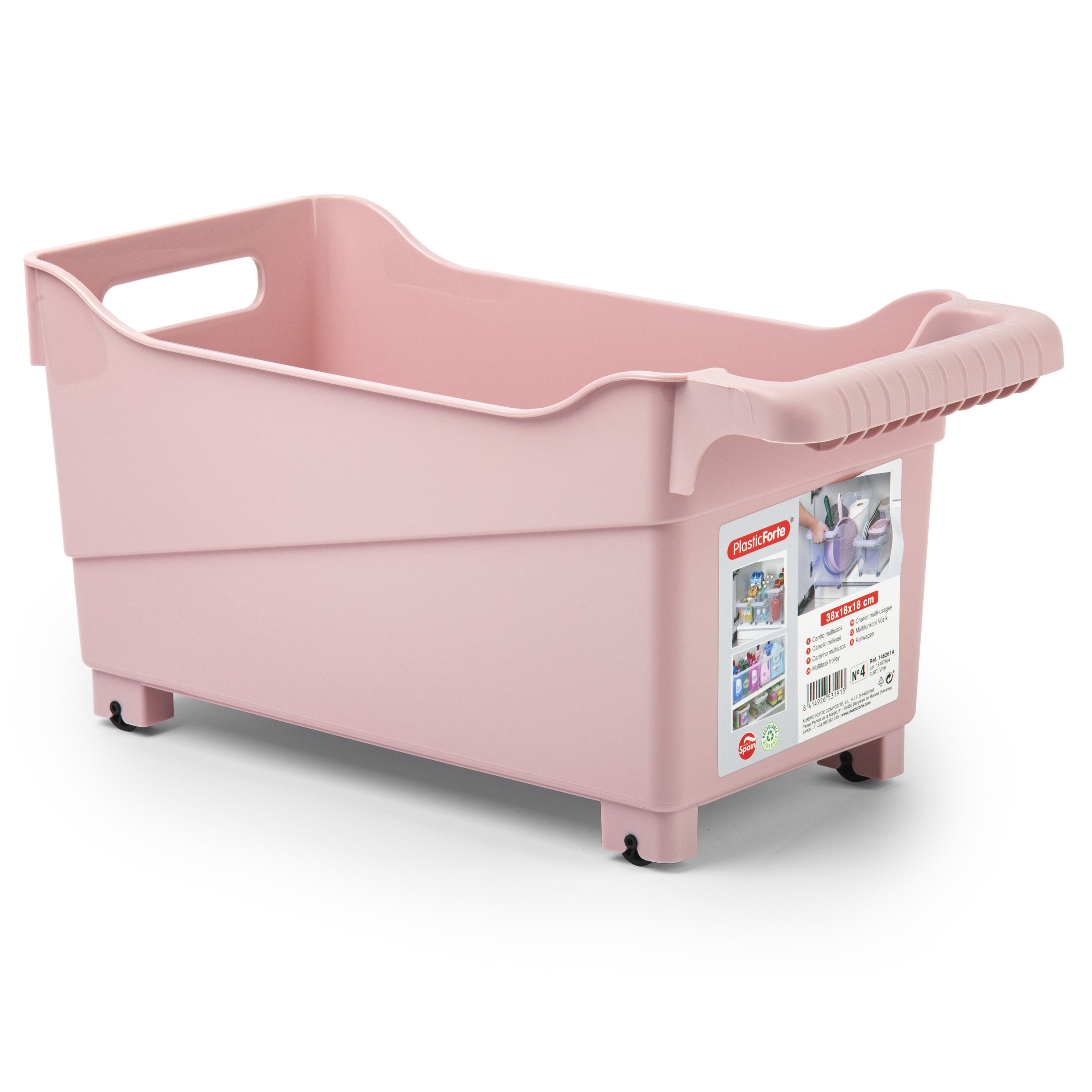 Opslag/opberg trolley container - roze - op wieltjes - L38 x B18 x H18 cm - kunststof -
