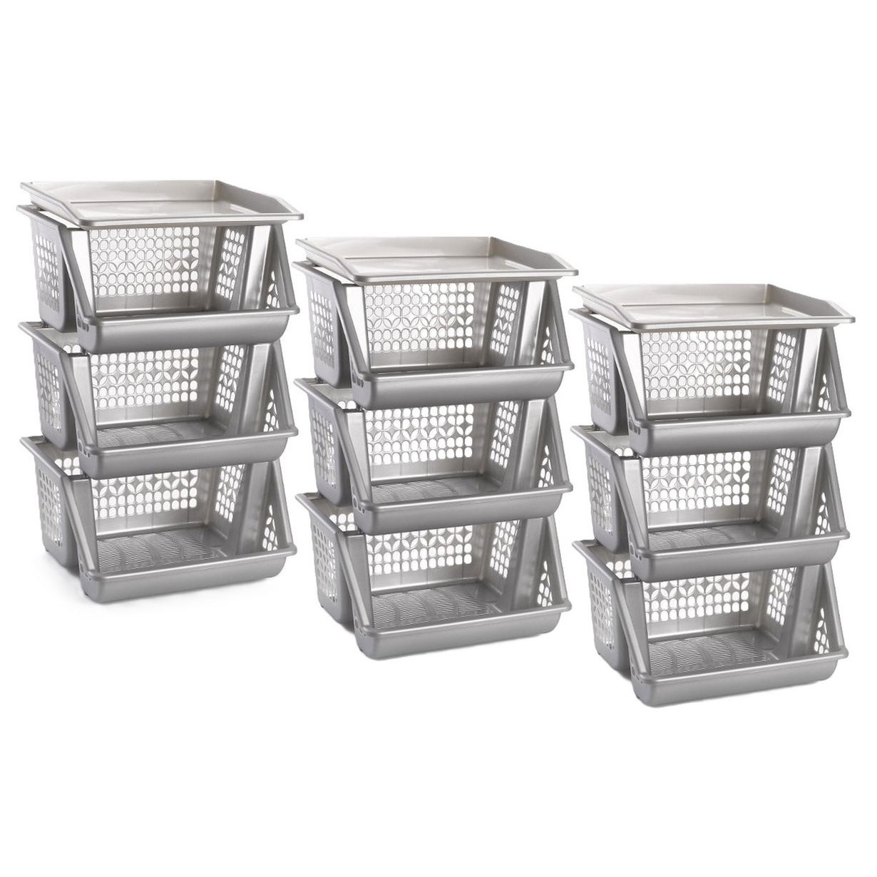 Opbergkrat - 3x - zilver - 3 vakken - 62 cm - Stapelkratten - Stapelbare manden -