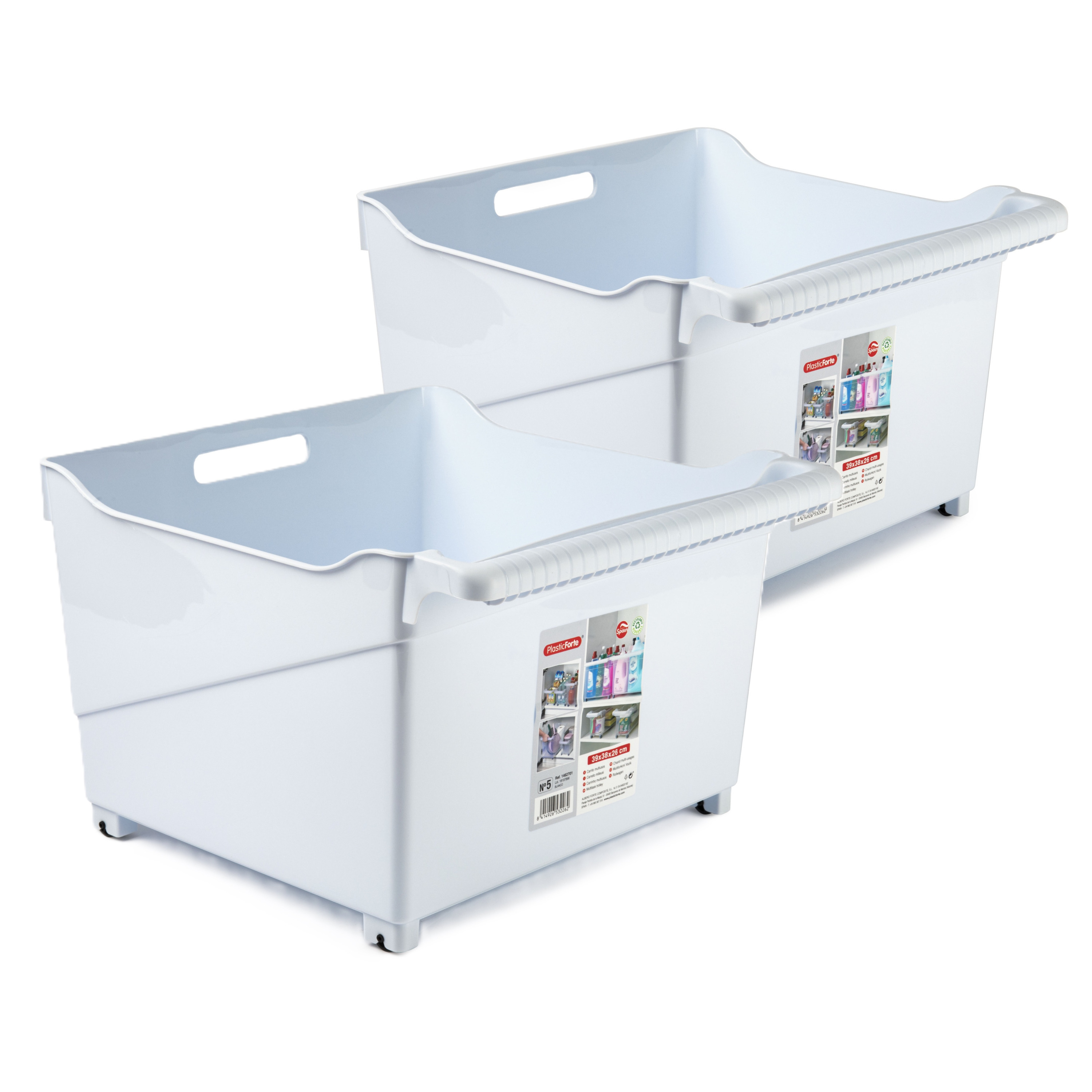 Opslag/opberg trolley container - 2x - ivoor wit - op wieltjes - L39 x B38 x H26 cm - kunststof -