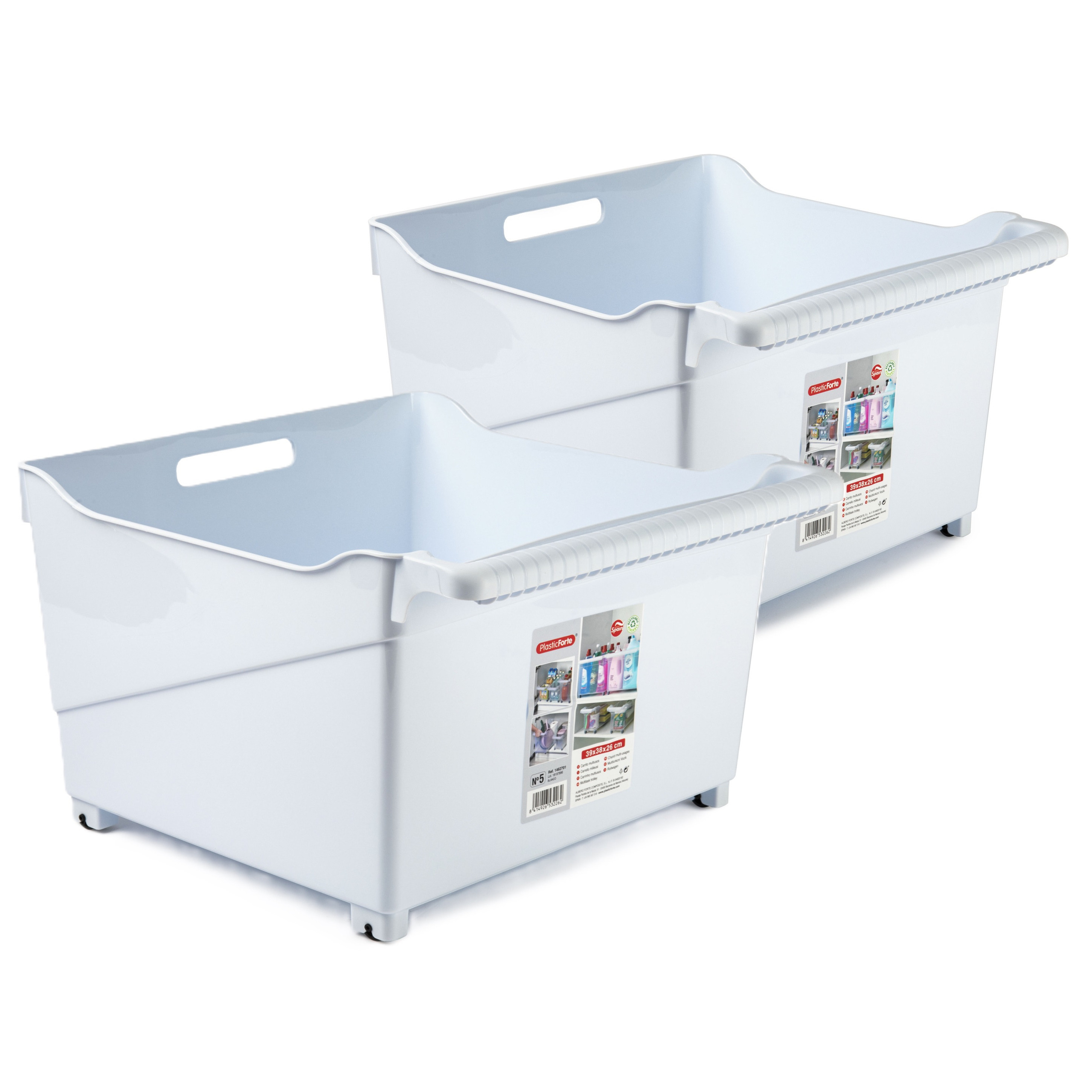 Opslag/opberg trolley container - 2x - wit - op wieltjes - L39 x B38 x H26 cm - kunststof -