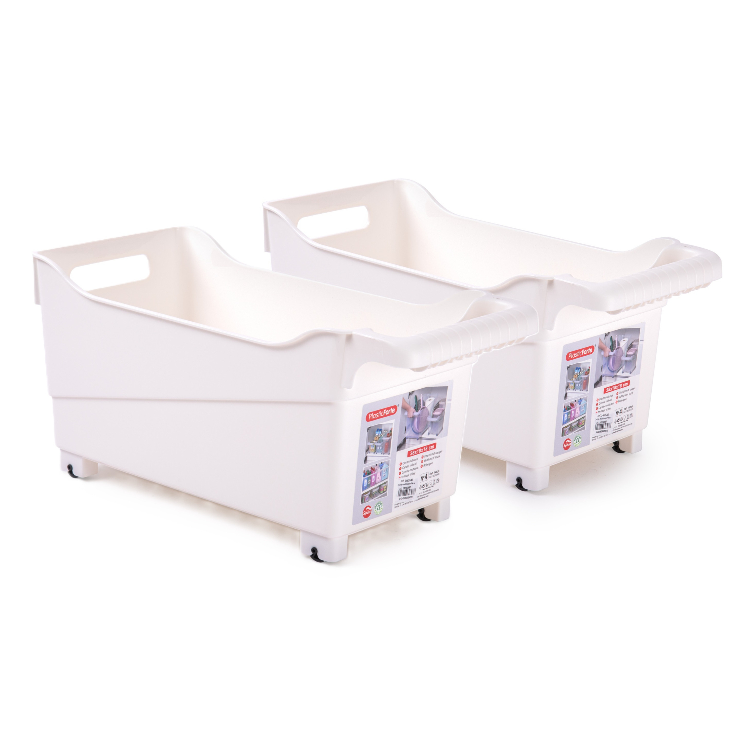 Opslag/opberg trolley container - 2x - ivoor wit - op wieltjes - L38 x B18 x H18 cm - kunststof -
