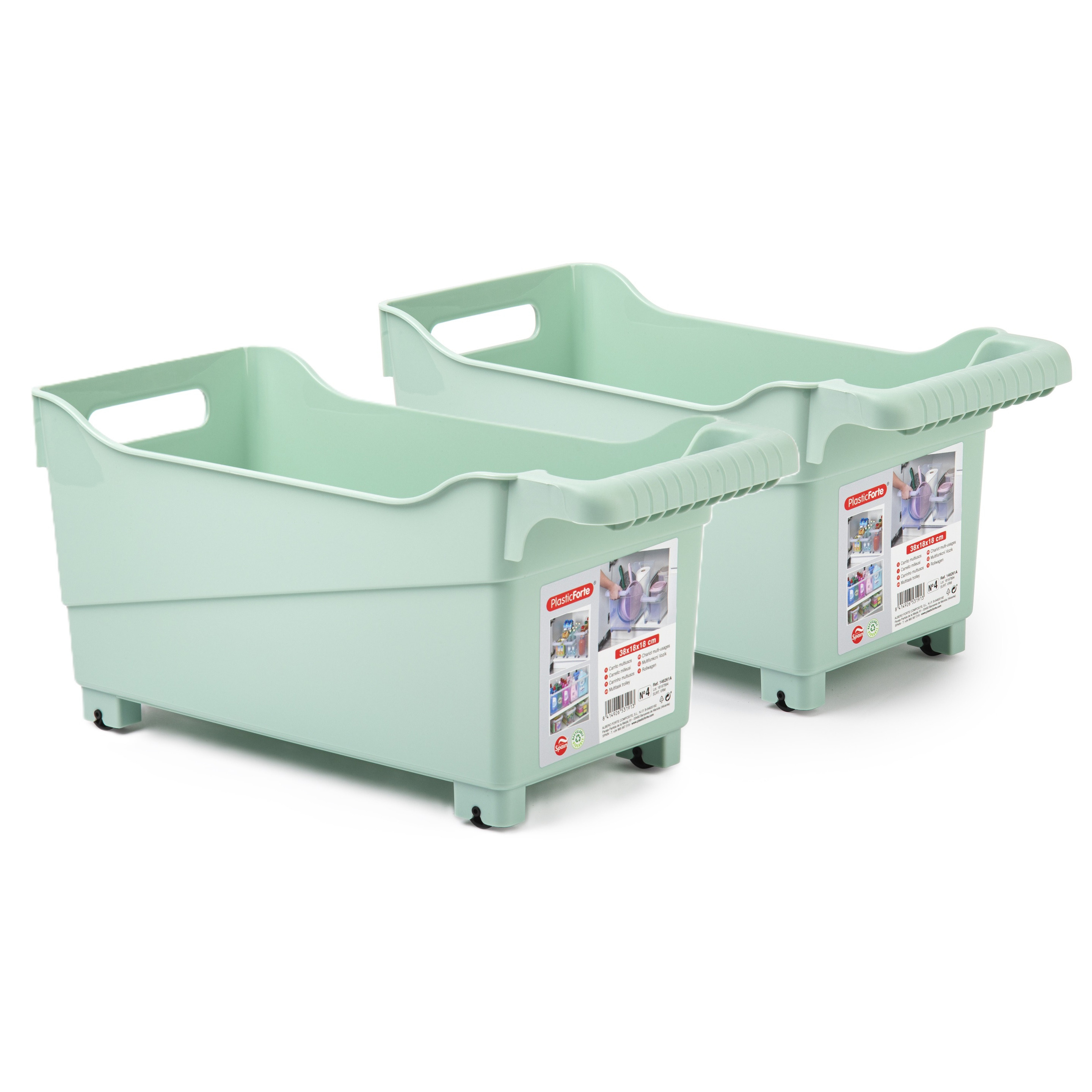 Opslag/opberg trolley container - 2x - mintgroen - op wieltjes - L38 x B18 x H18 cm - kunststof -