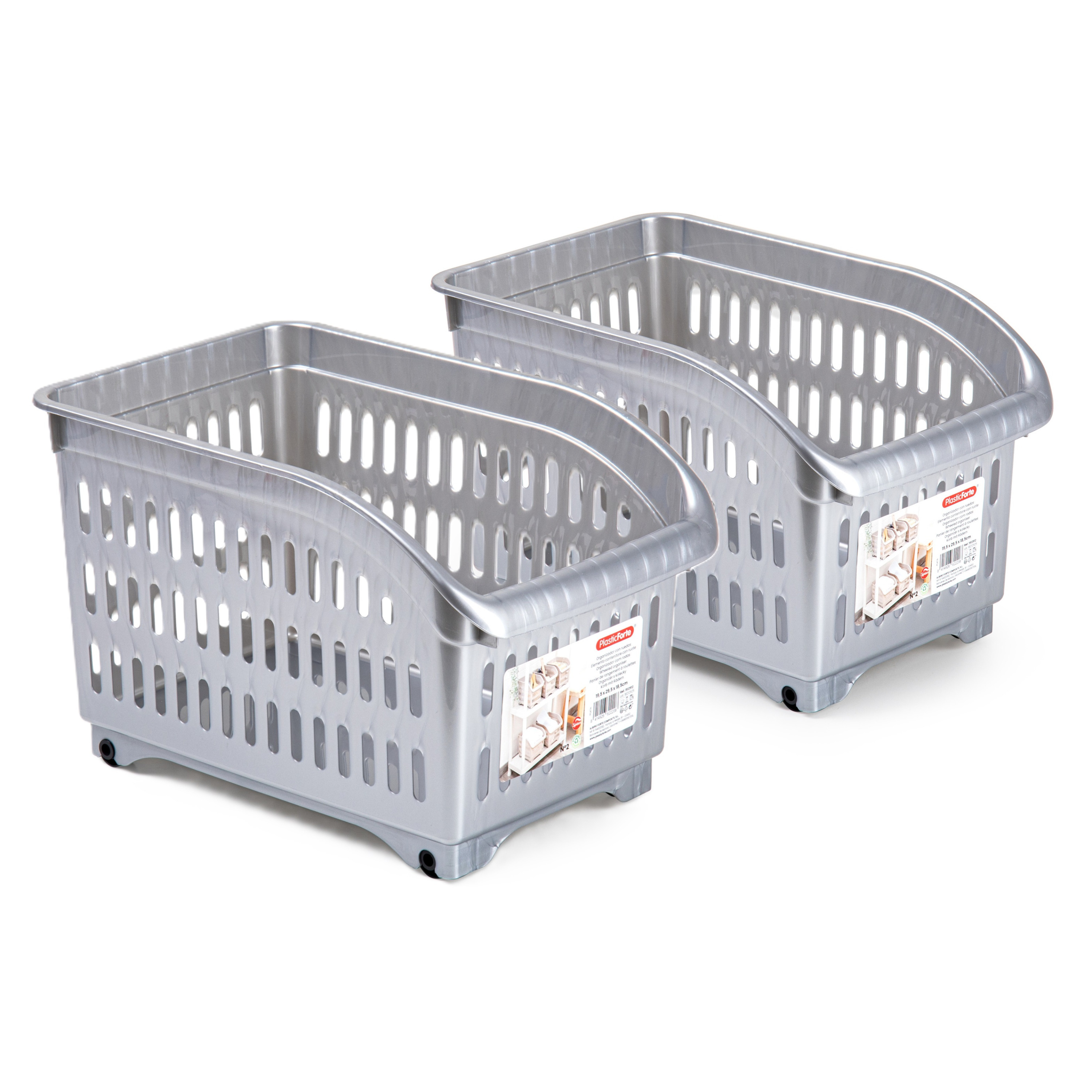 Opslag/opberg trolley container - 2x - zilver - op wieltjes - L30 x B18 x H19 cm - kunststof -