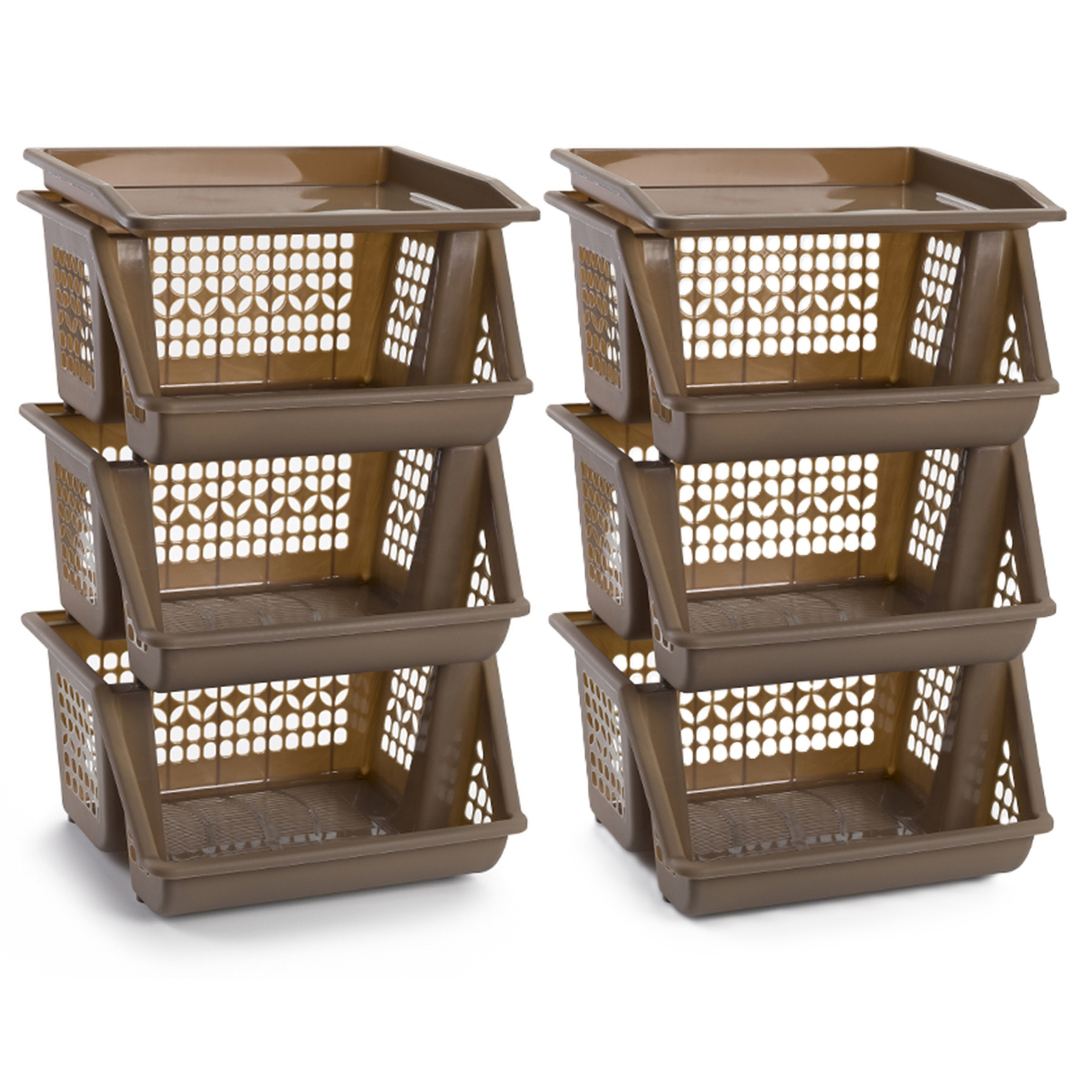 Opberg kratten/manden/organizers - 2x - 3 lagen/vakken - 39 x 32 x 62 cm - kunststof - bruin -