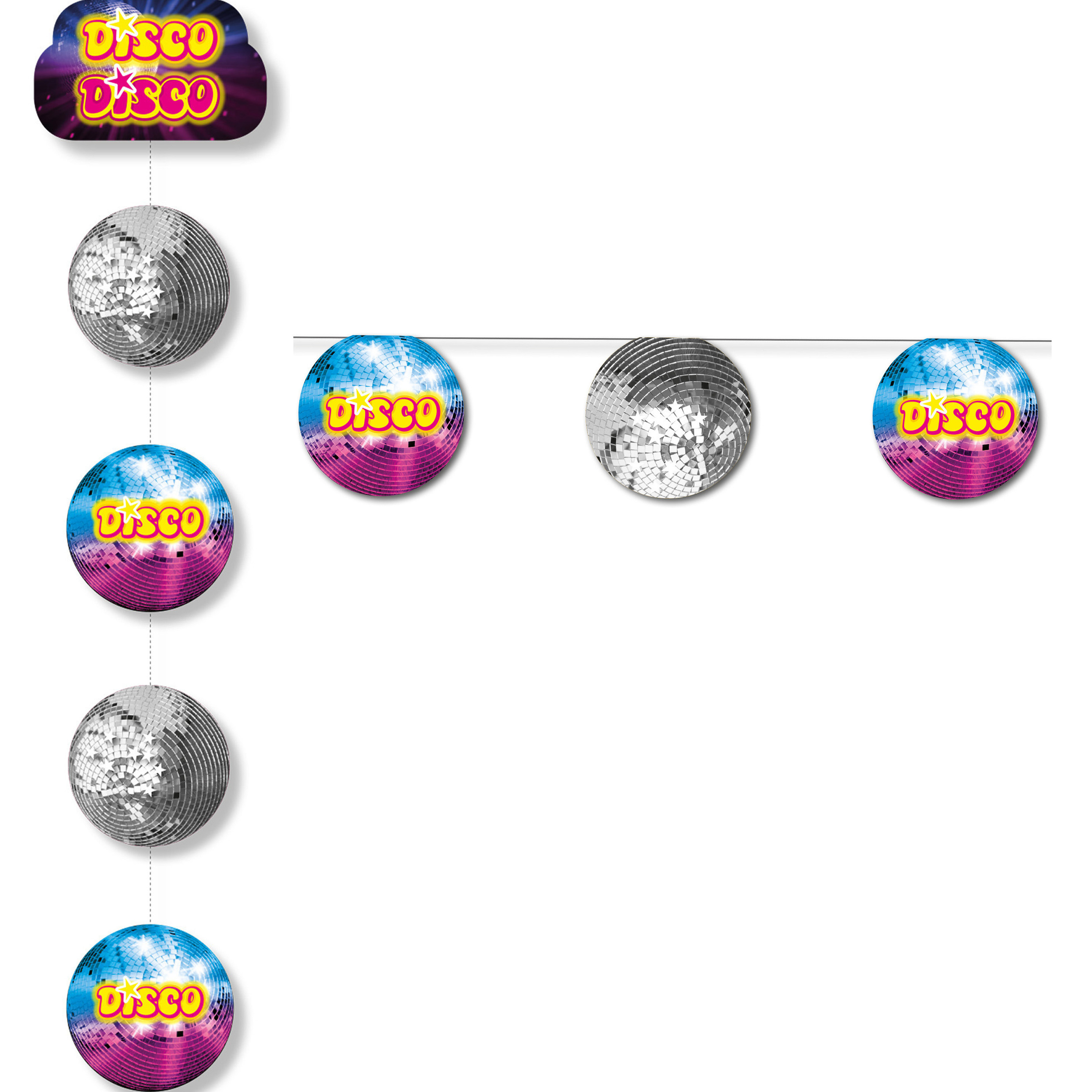 Disco eighties thema hangende versiering slingers pakket - discoballen - karton -