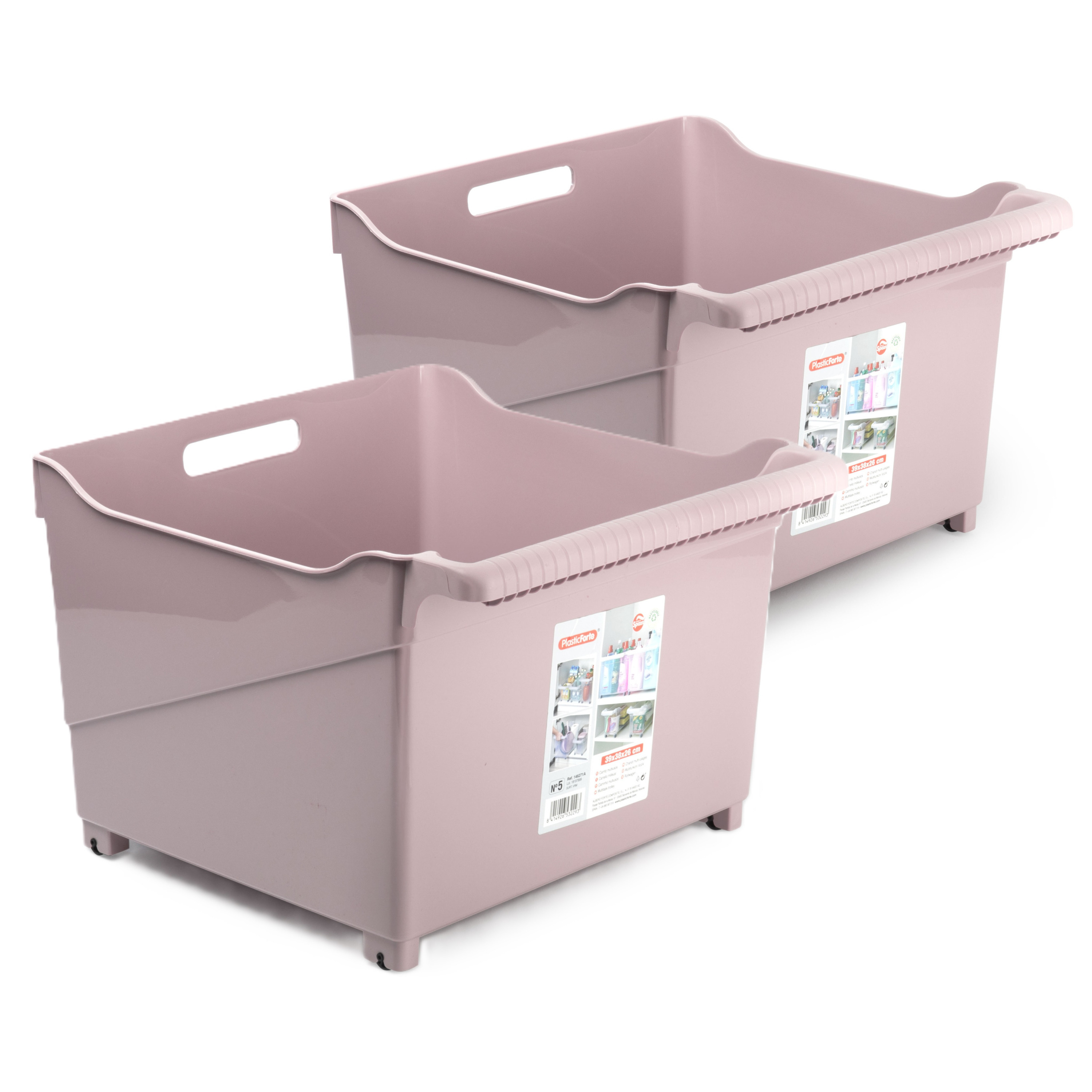 Opslag/opberg trolley container - 2x - roze - op wieltjes - L39 x B38 x H26 cm - kunststof -