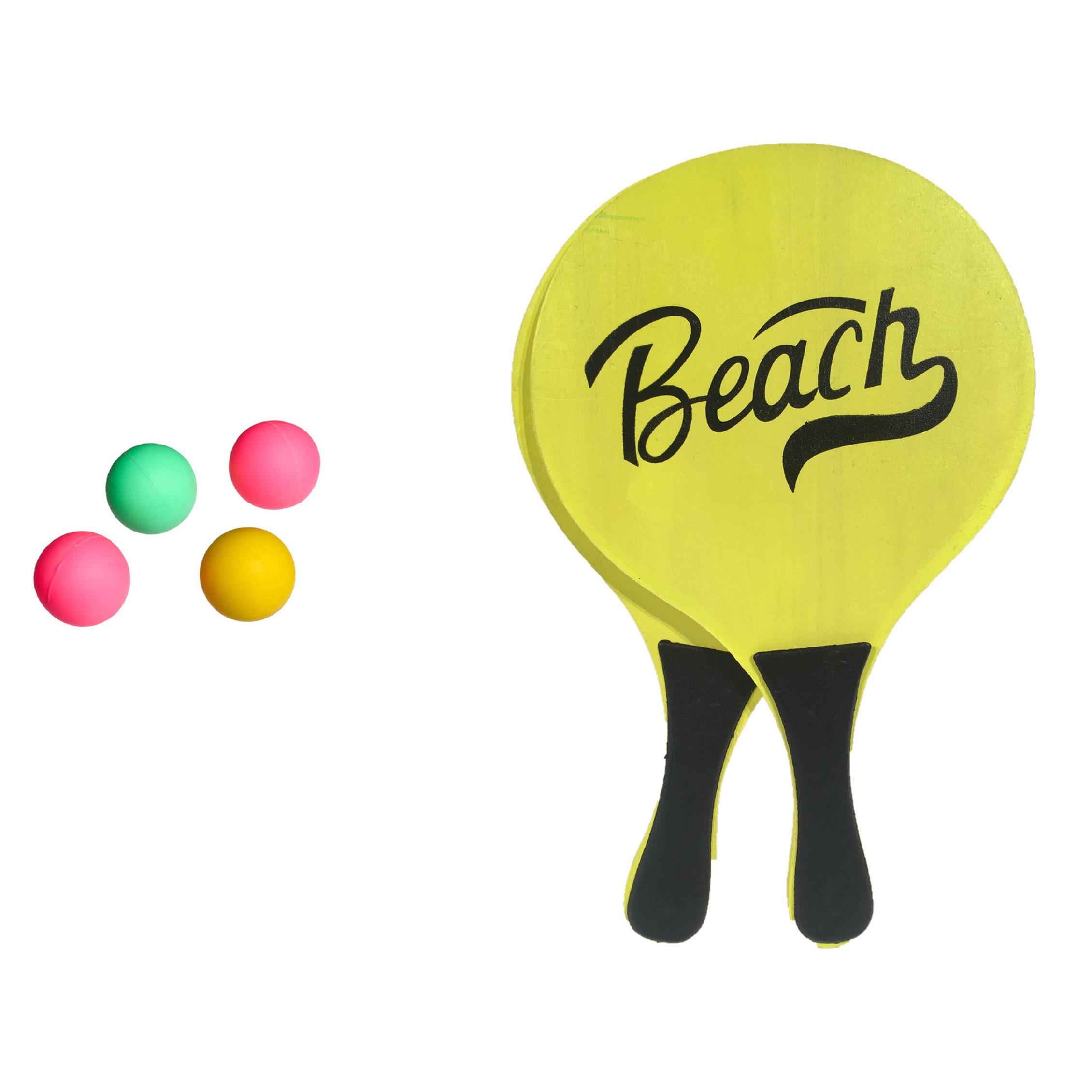 Strand Beachball set - hout - geel - strand sport speelset - met 5x balletjes -