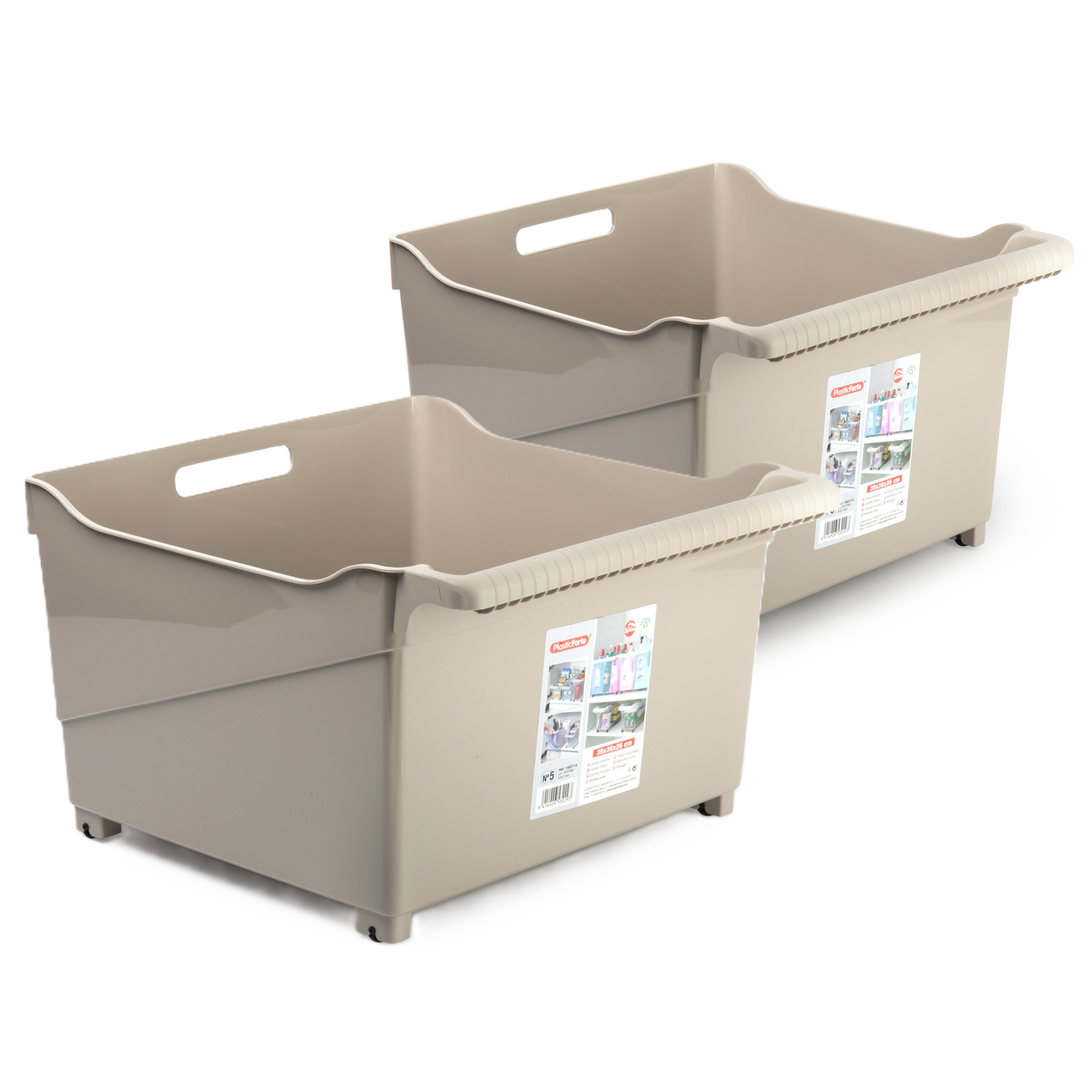 Opslag/opberg trolley container - 2x - beige - op wieltjes - L39 x B38 x H26 cm - kunststof -