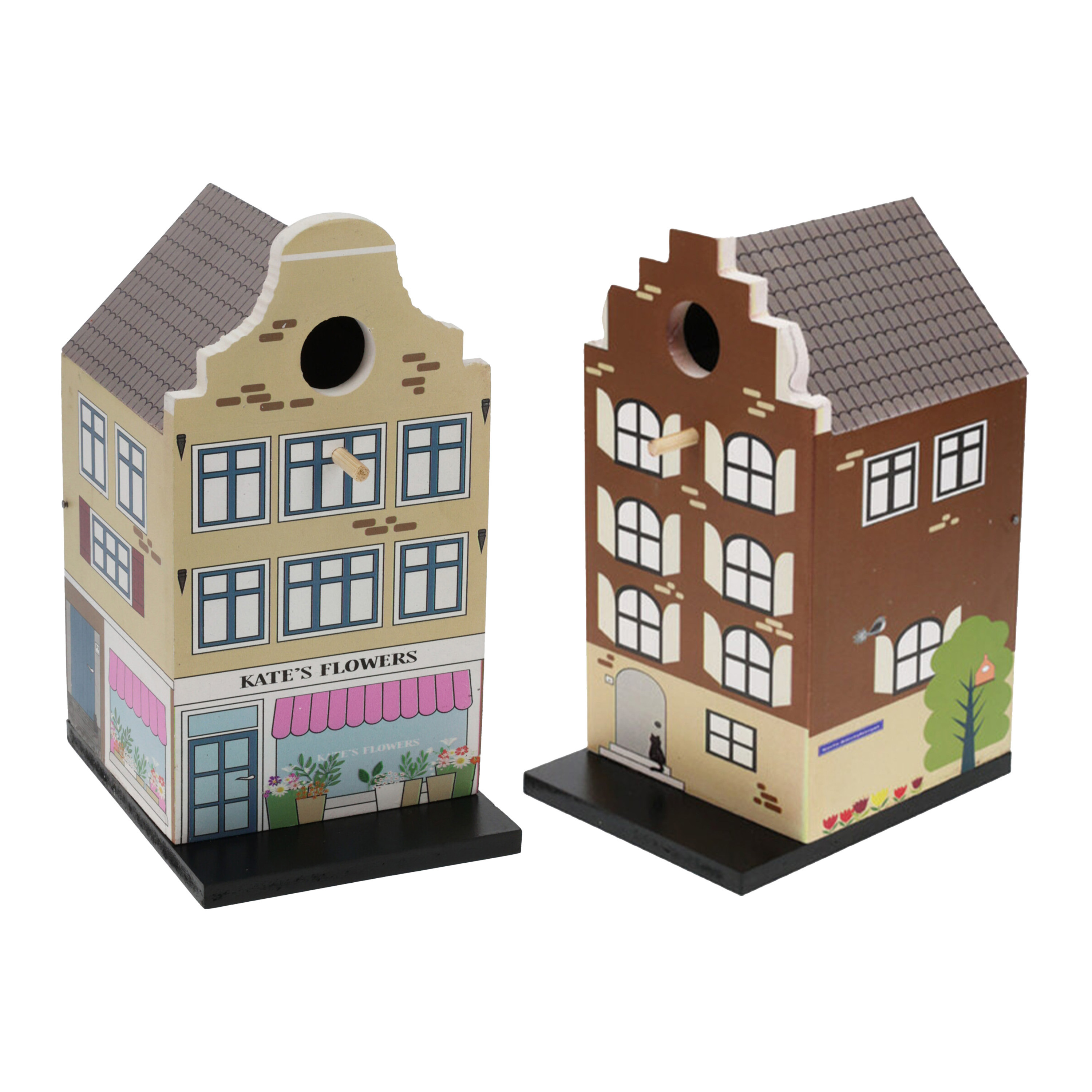 Vogelhuisjes - set 2x - grachtenpand design - hout - beige/bruin - 15 x 12 x 23 cm- nestkastje -